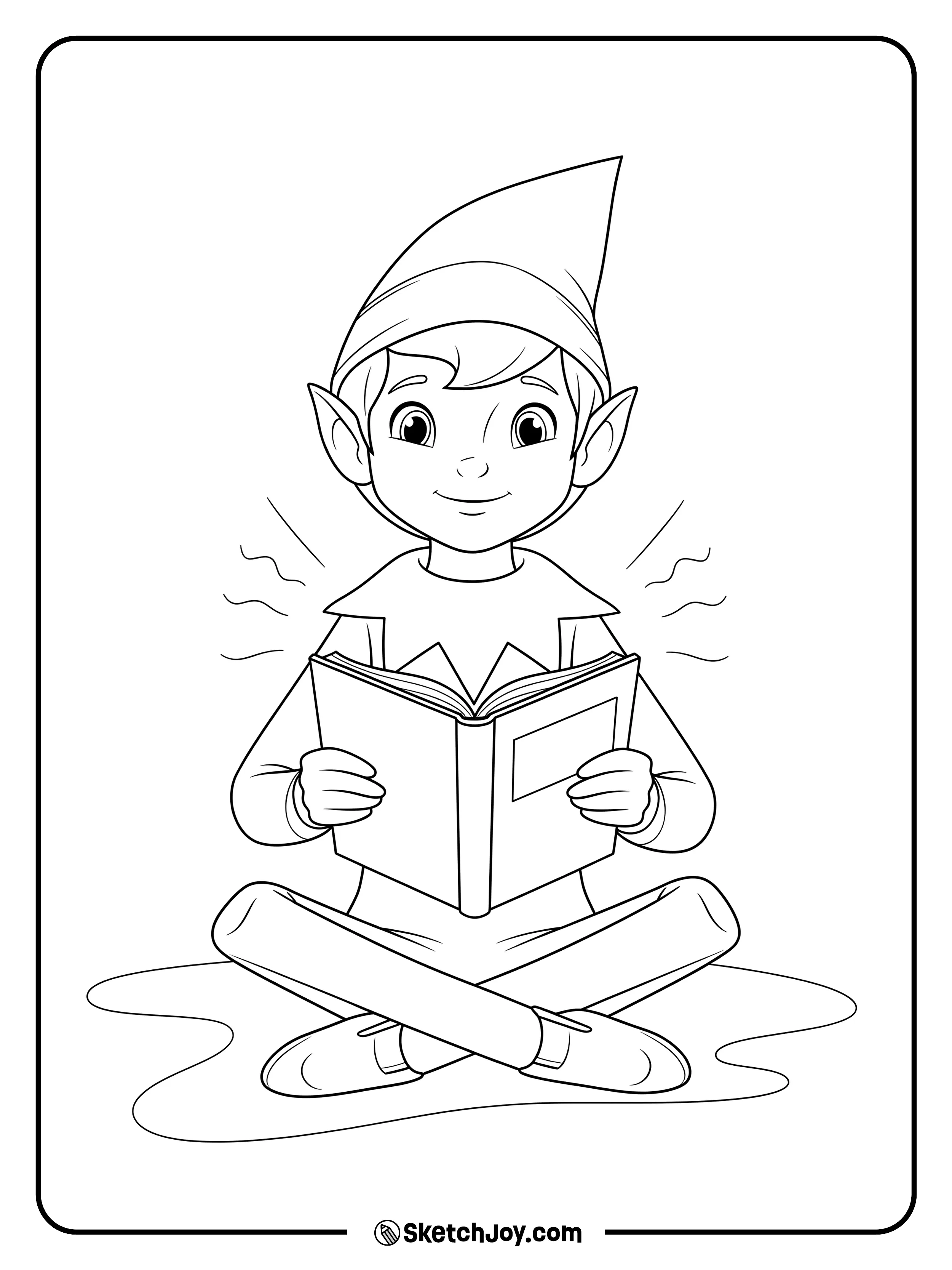 The elf holds a small open book.
