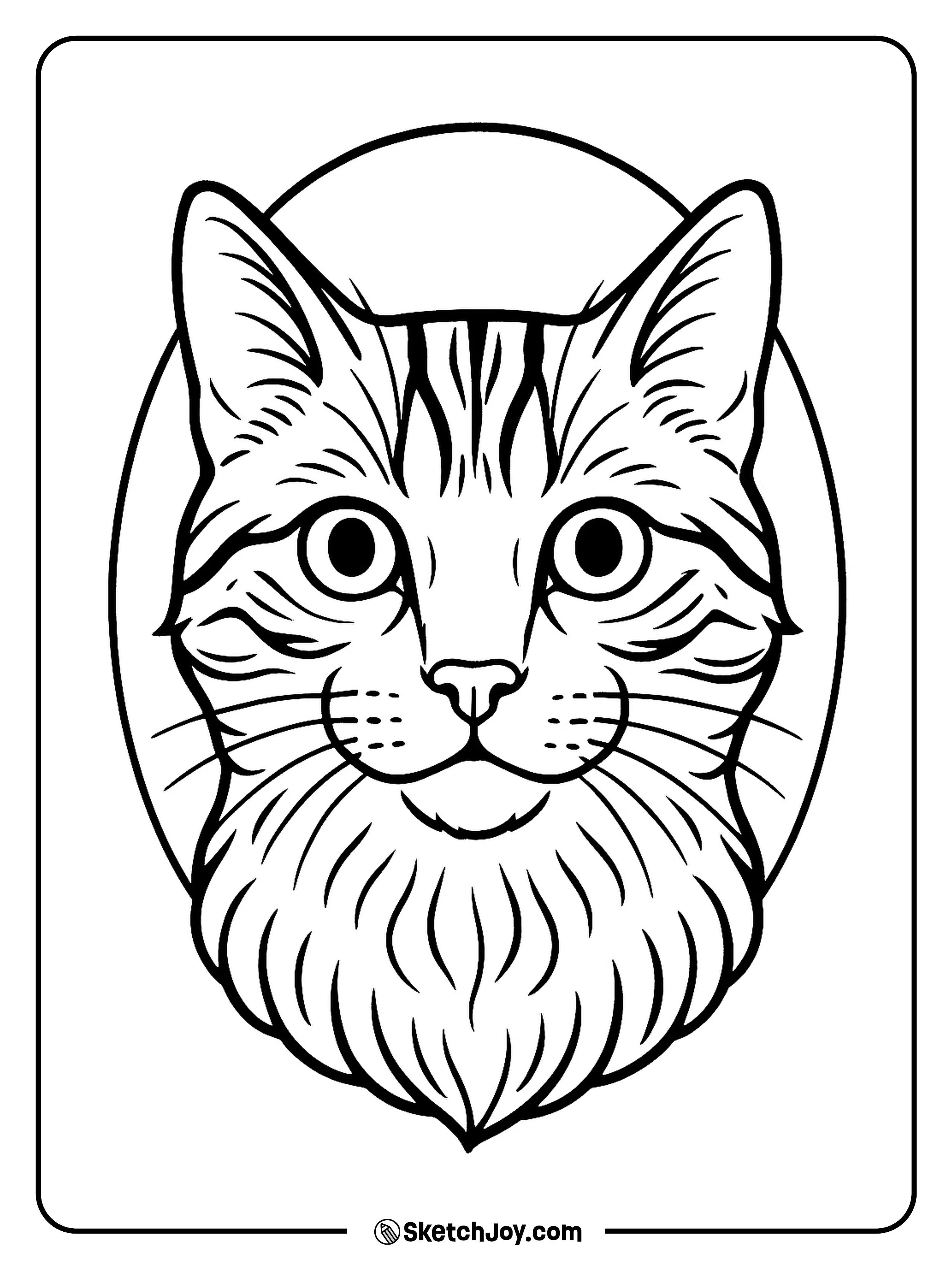 A close-up cat head shows clear fur lines and bright eyes.