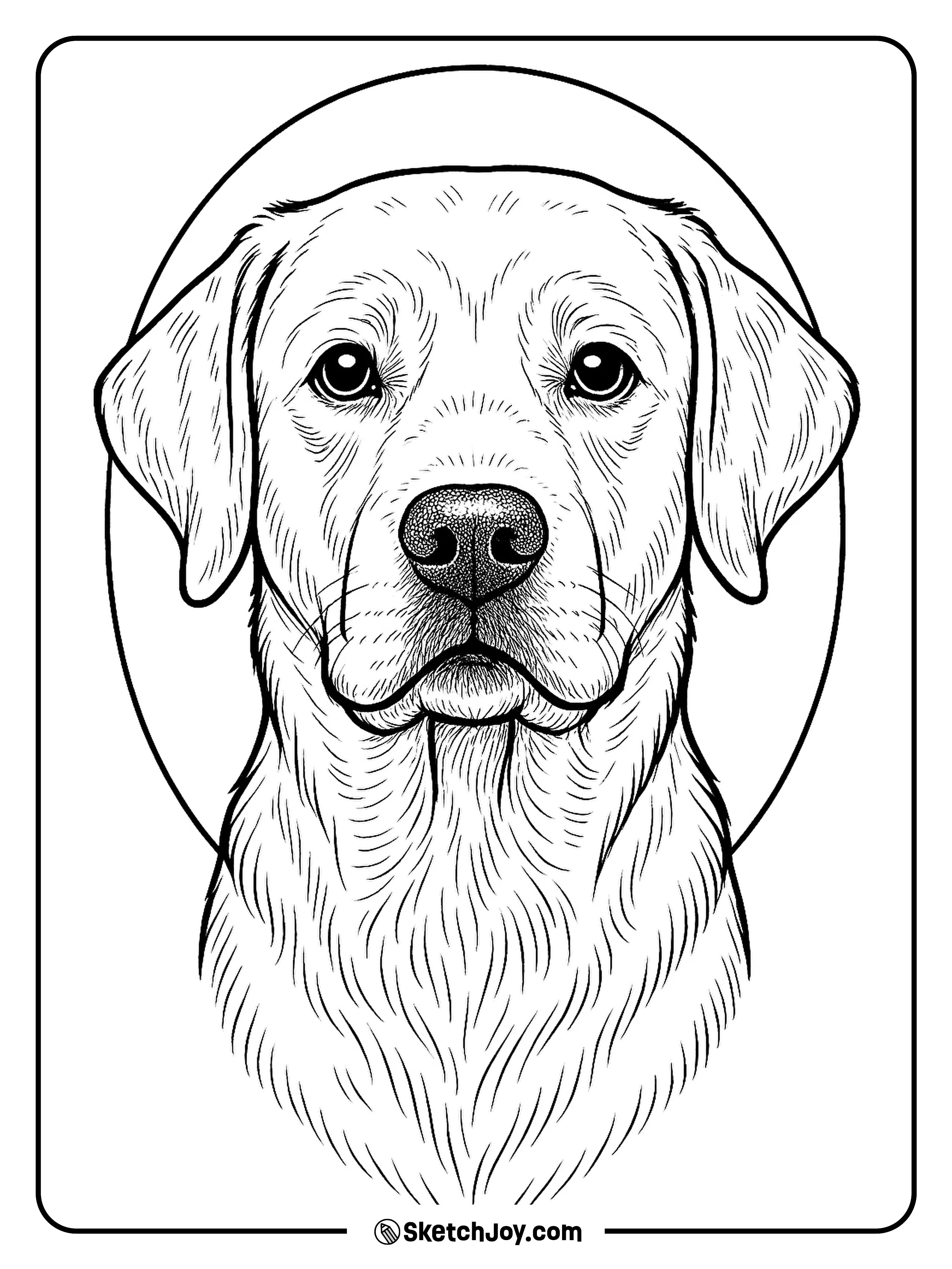 A calm Labrador face looks forward with soft fur detail.