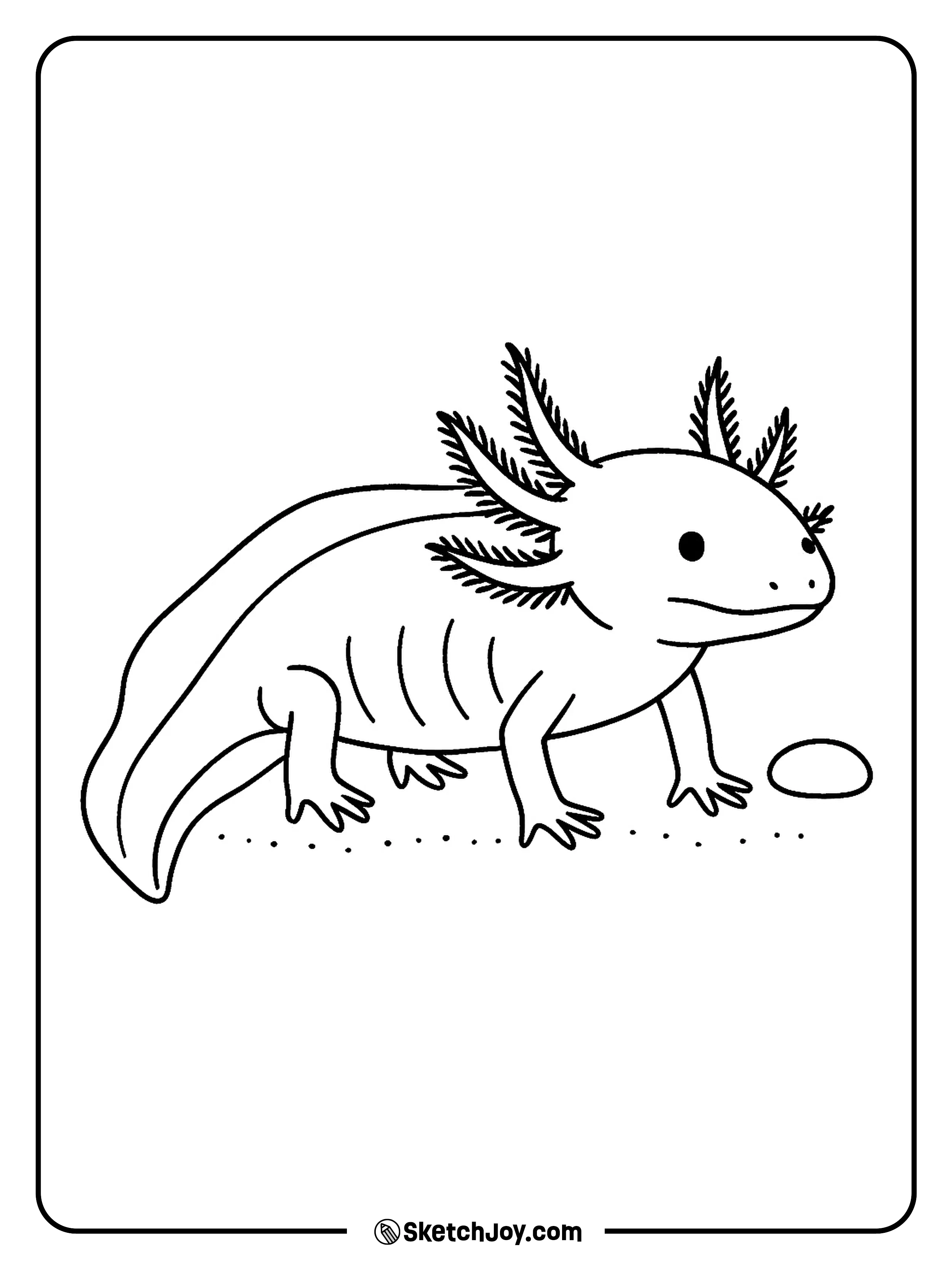 A lifelike axolotl in side view with clear gills and toes.