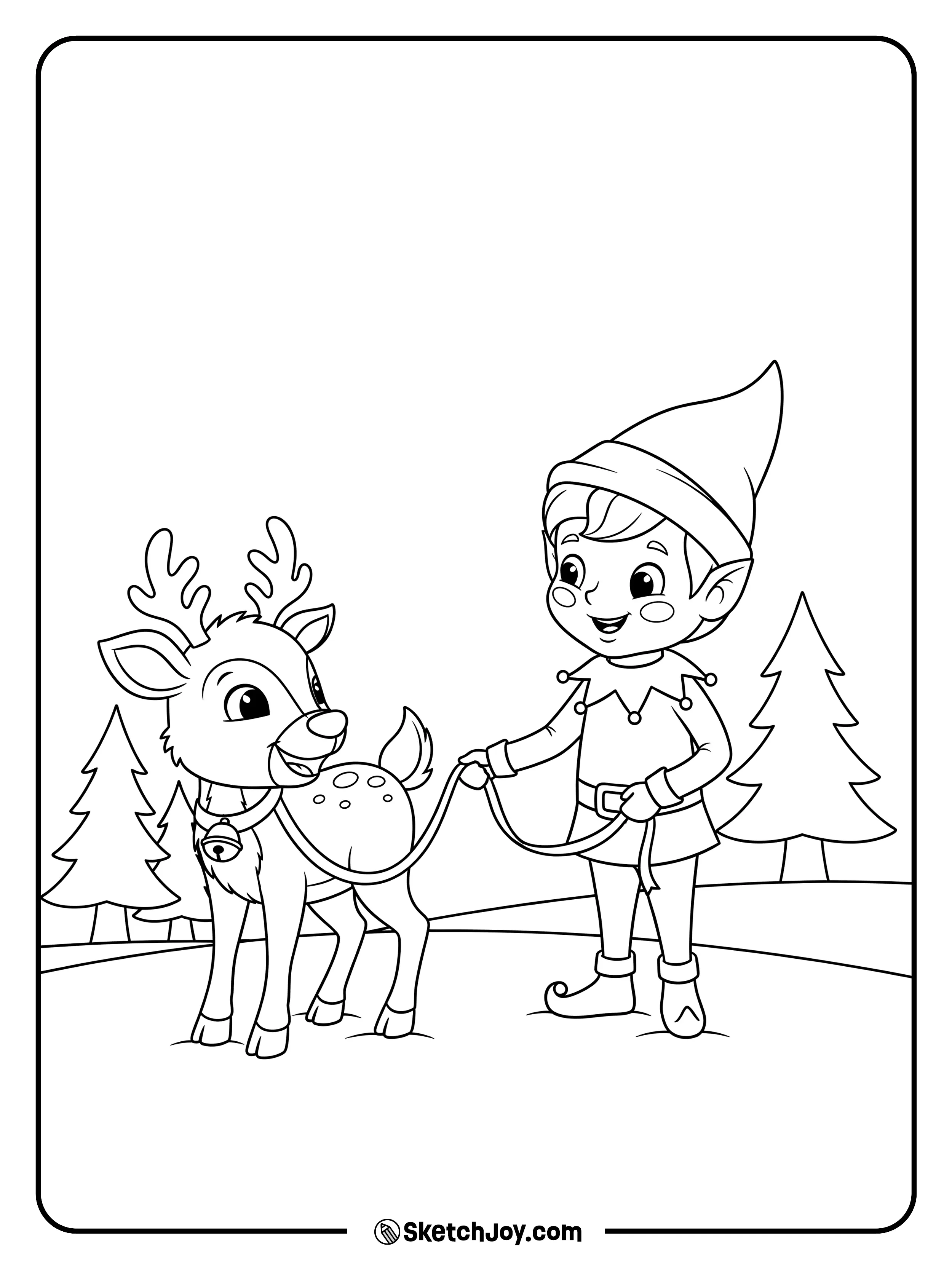 The elf leads a gentle reindeer past snow mounds.