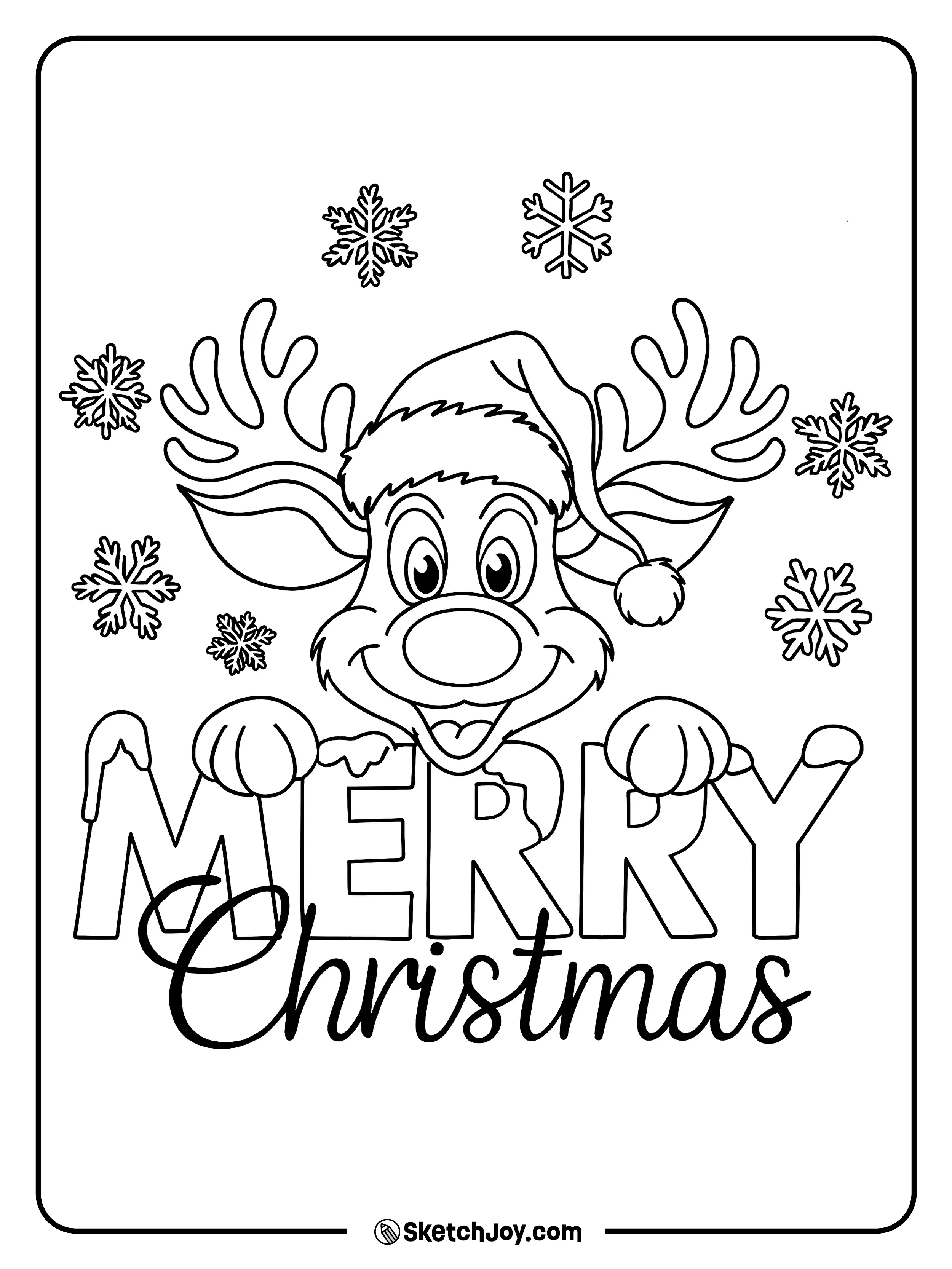 A happy reindeer in a Santa hat leans on big letters.