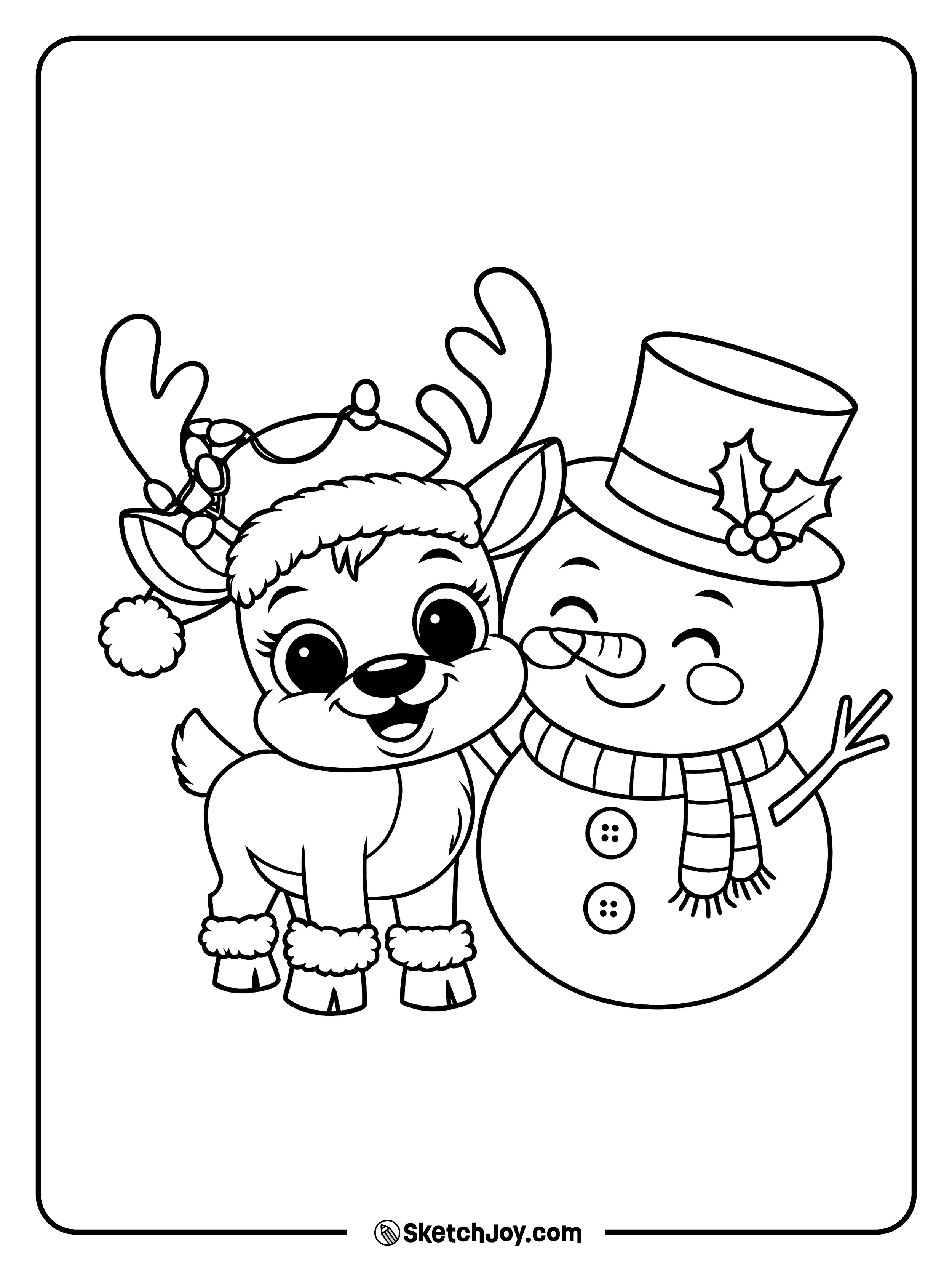 A cute reindeer leans in for a hug with a snowman.