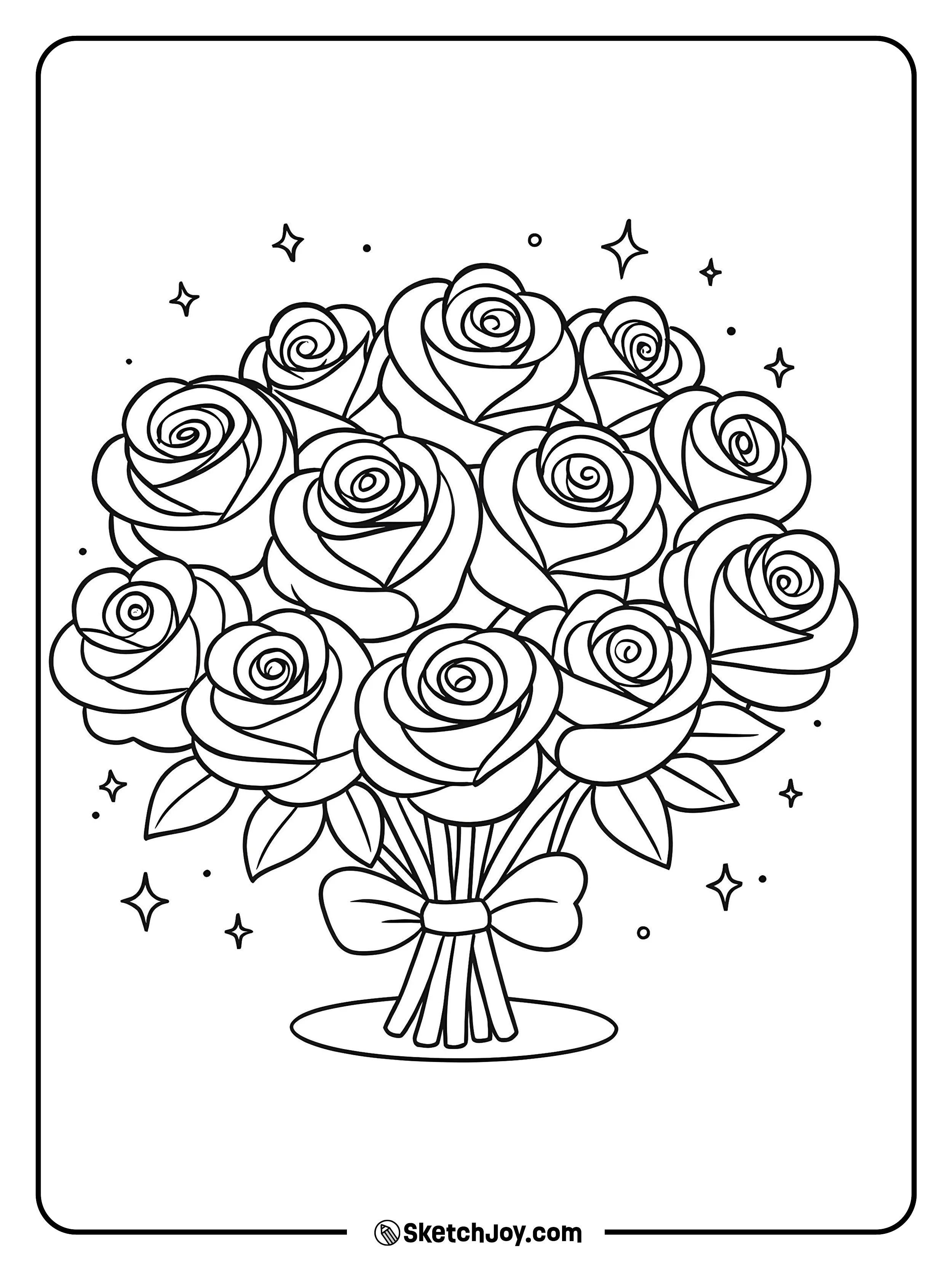 A big round bunch of roses with leaves and a cute bow.