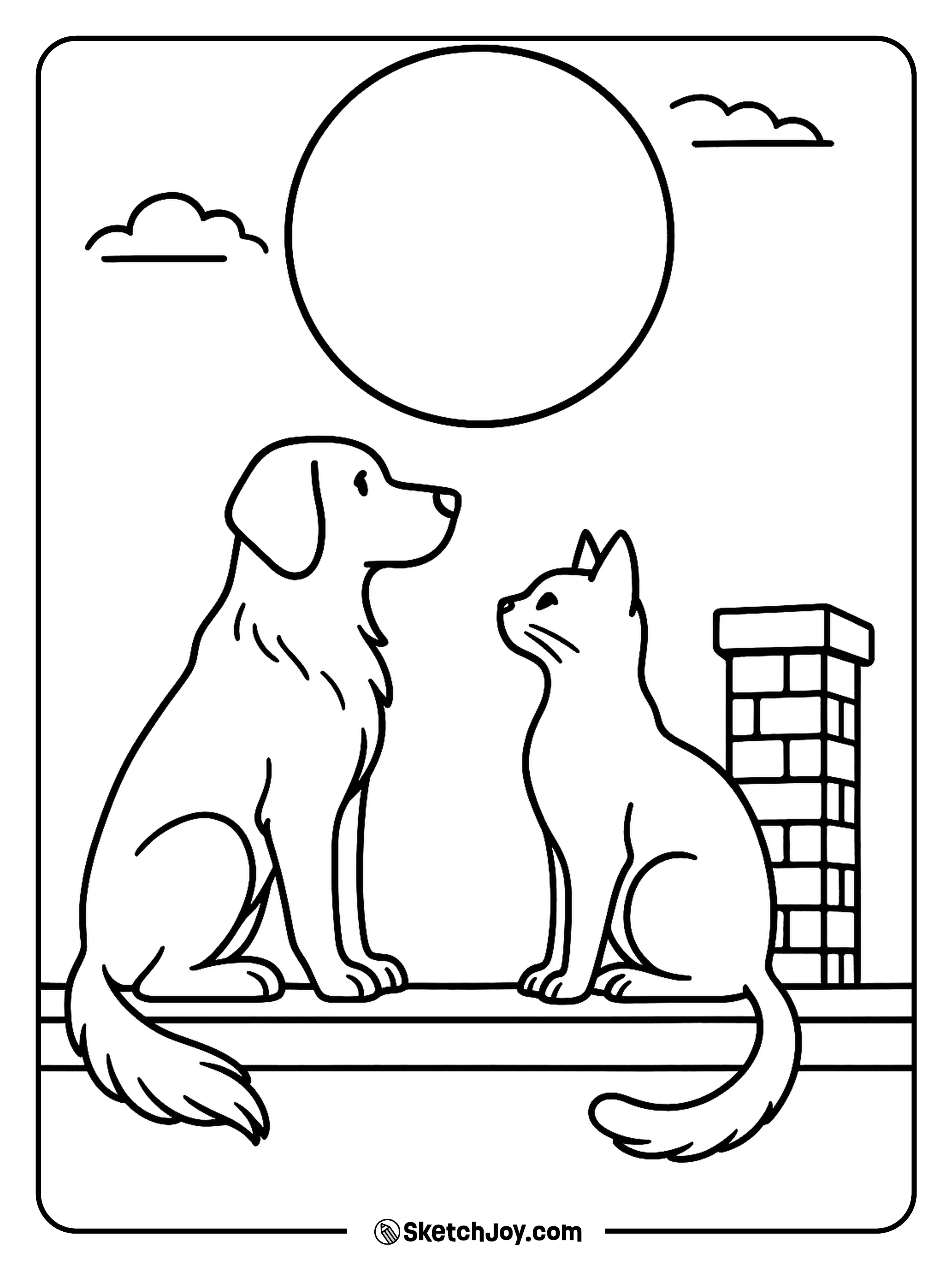 A dog and a cat sit together on a rooftop under the moon.