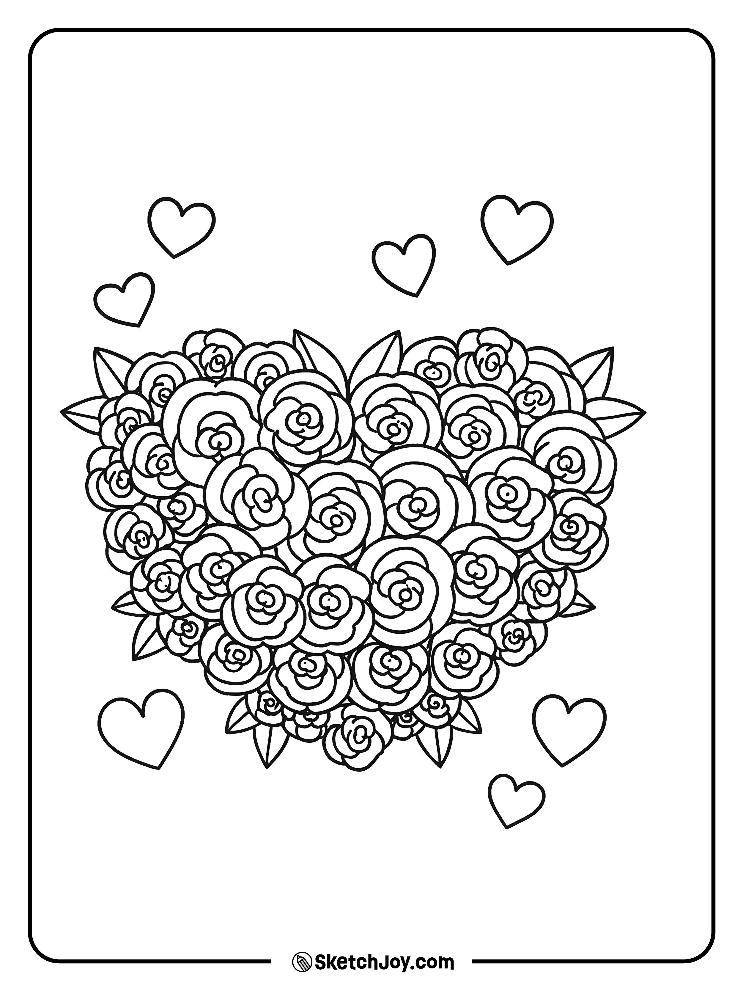 A big heart made of many small roses with cute hearts around.