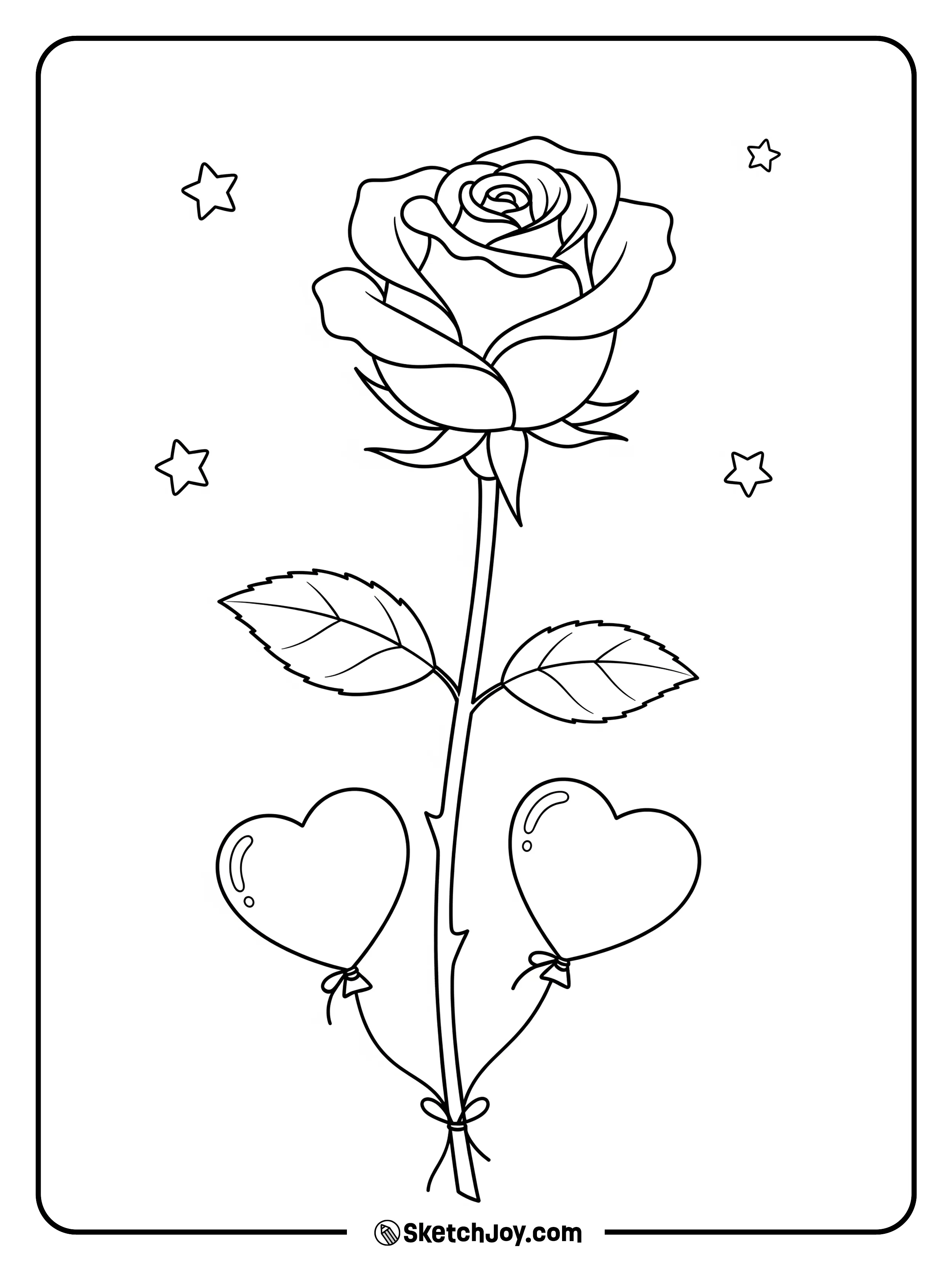 A stem holds two heart balloons on strings.