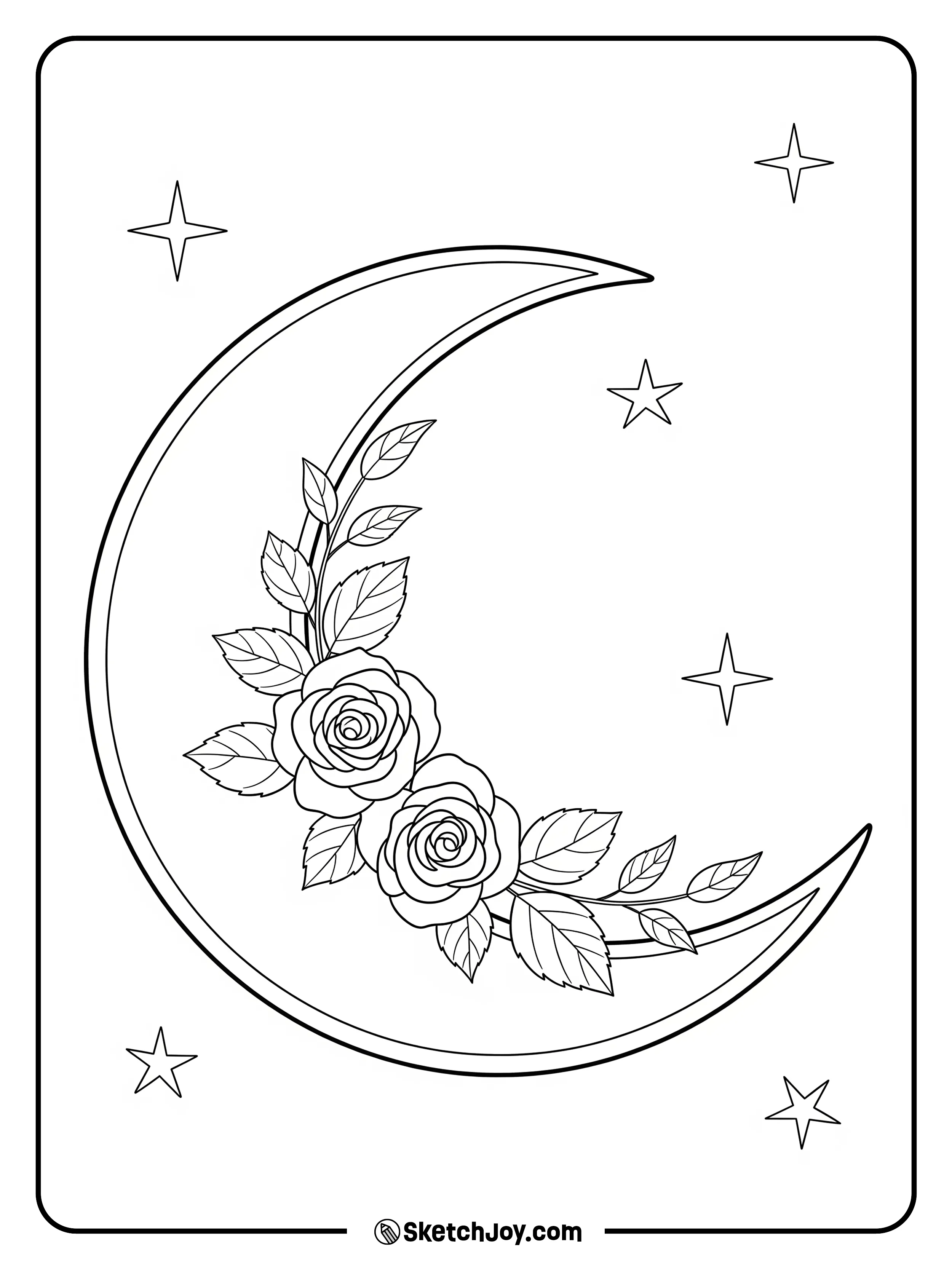 A moon hugs a small rose spray.