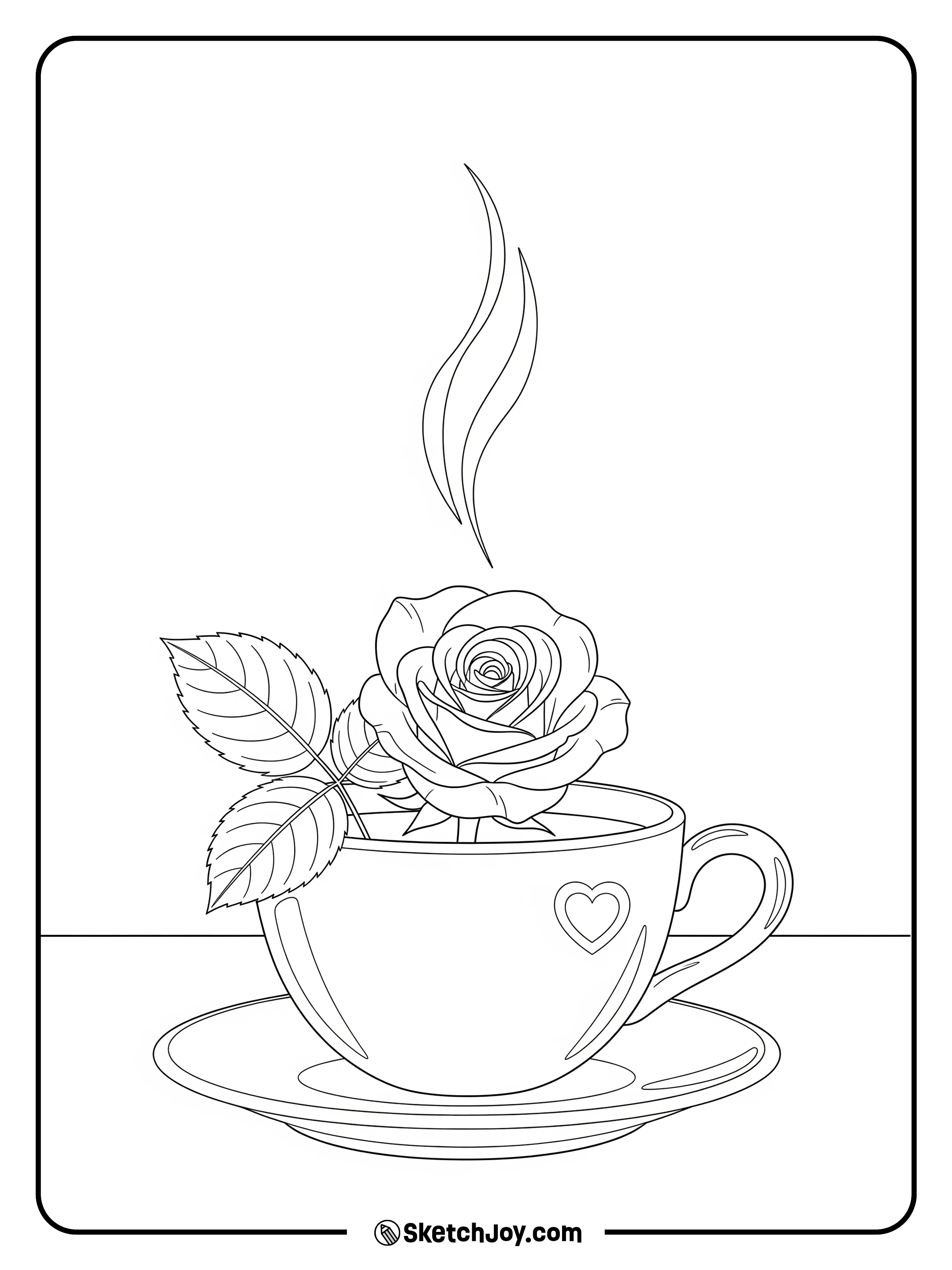 A fresh stem sits in a cute cup and saucer.