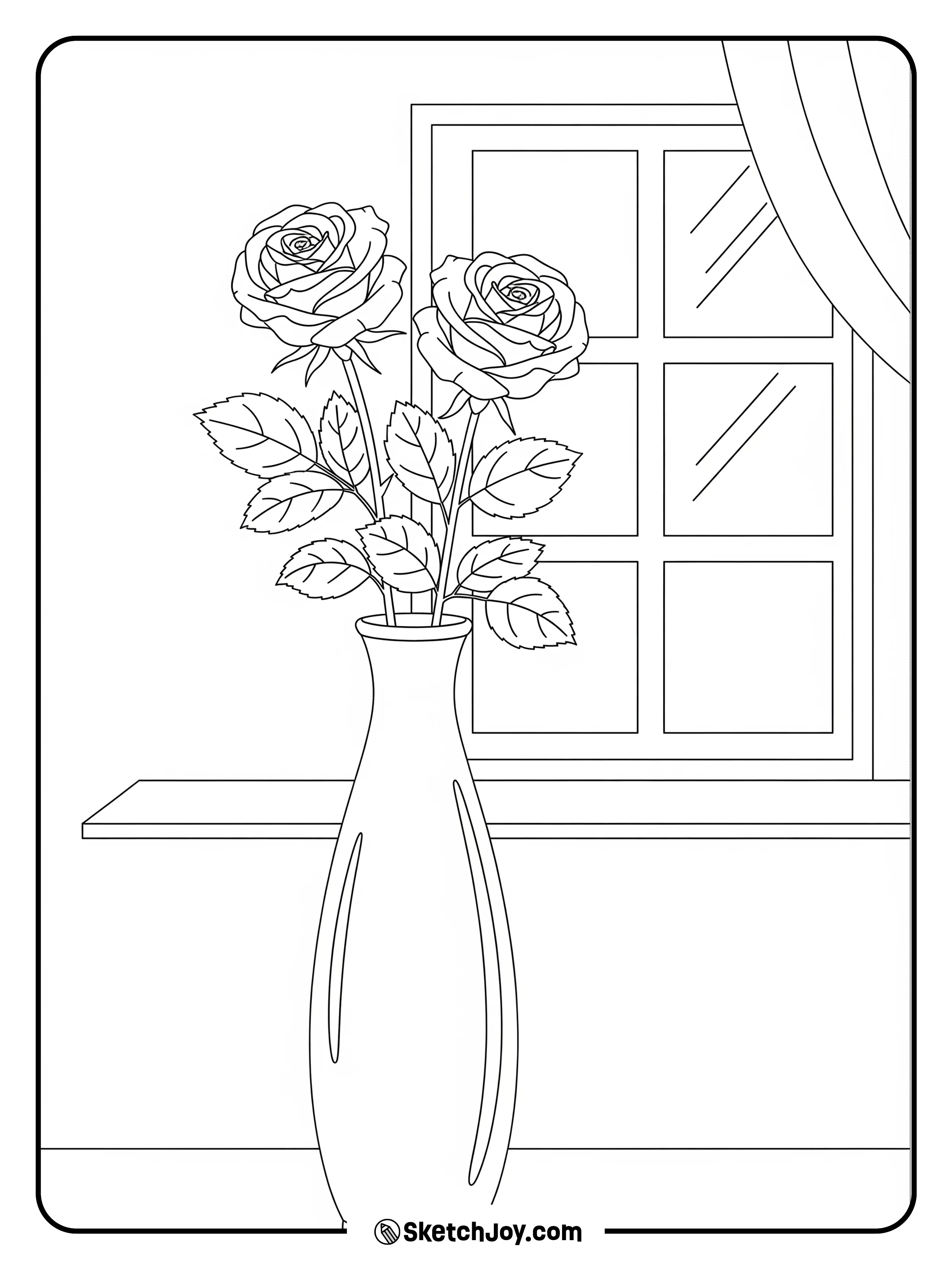 A vase holds two stems near a window grid.