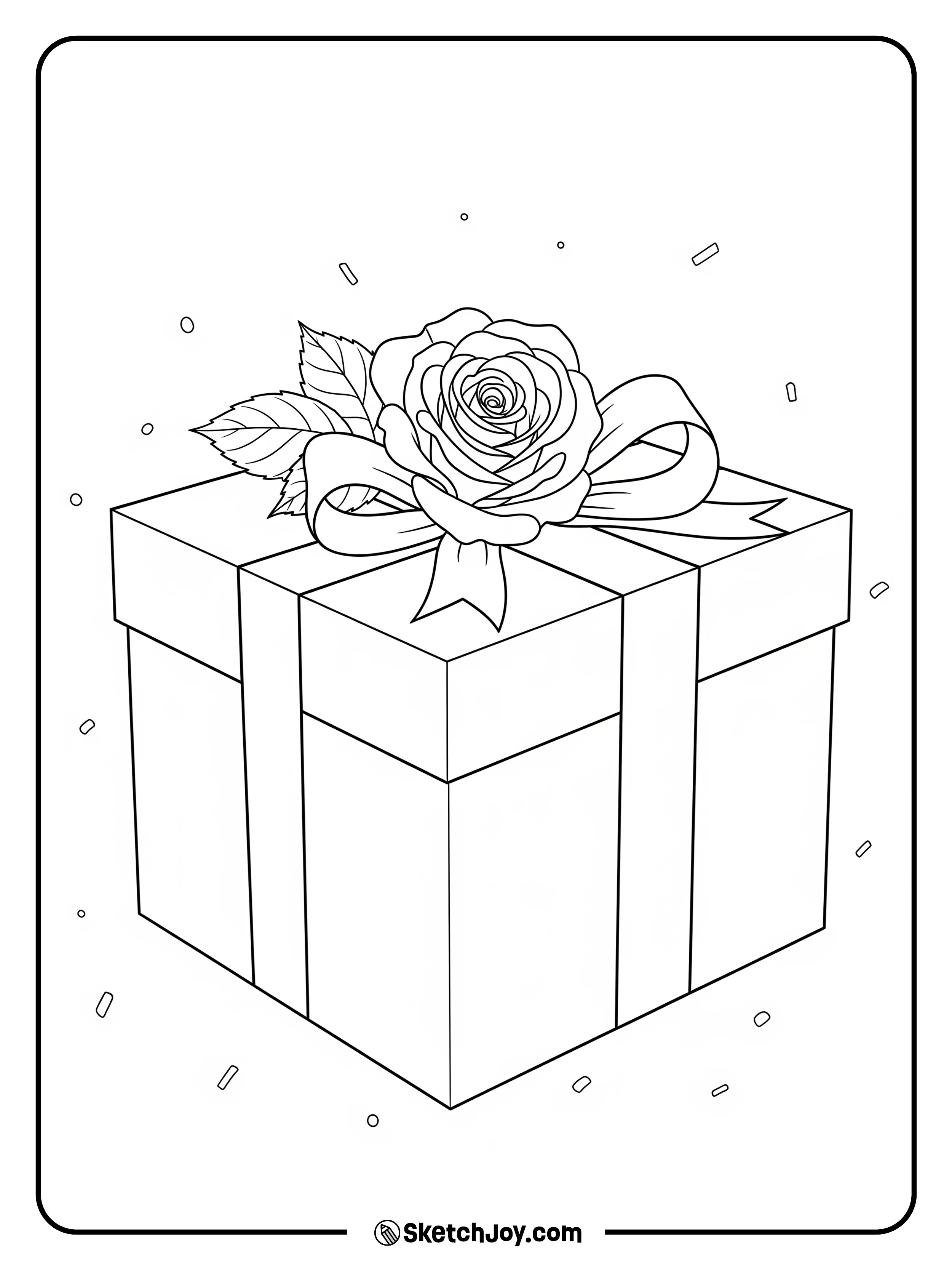 A rose rests on a square box with a bow.