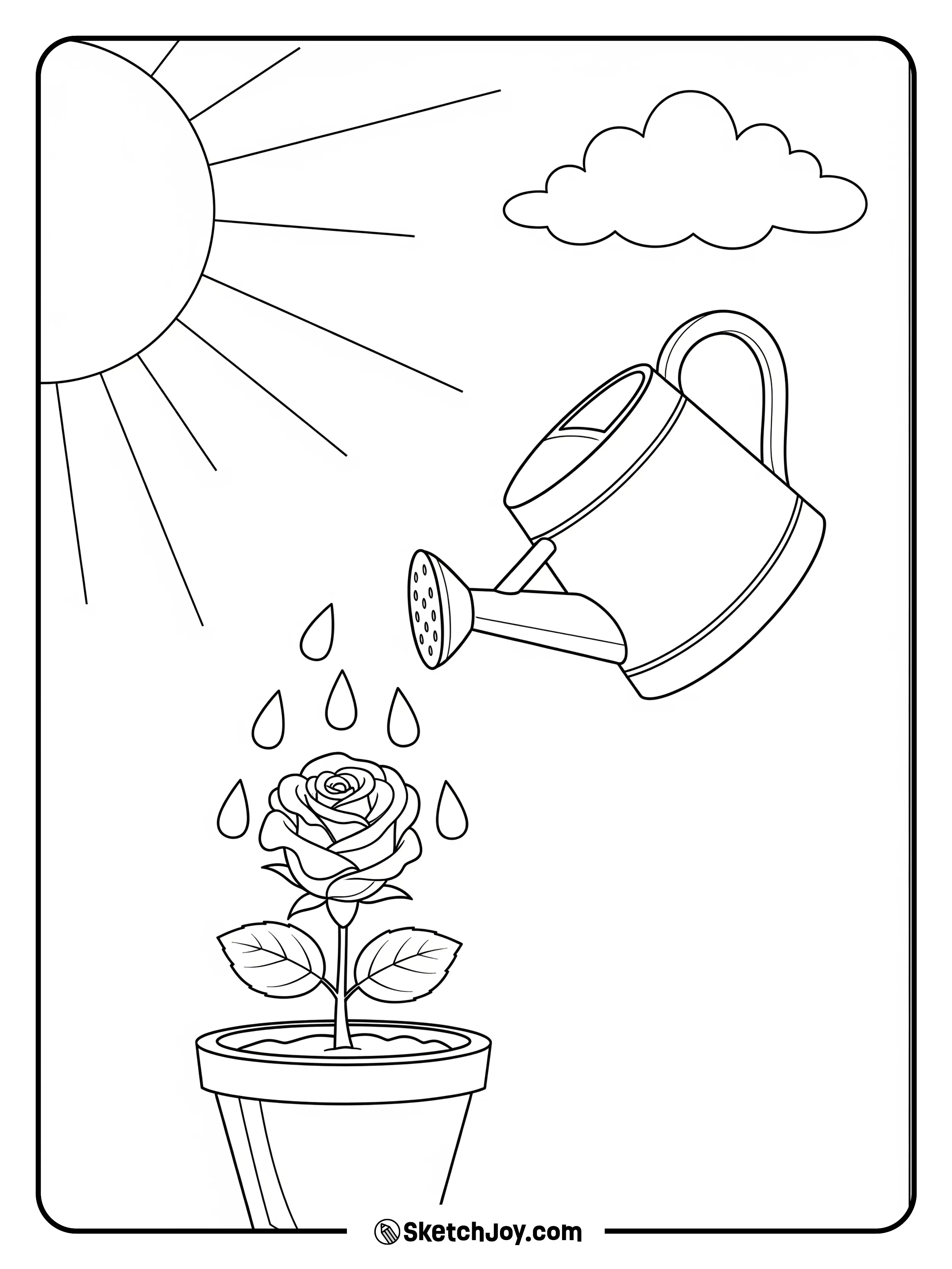 A can pours drops on a happy plant.