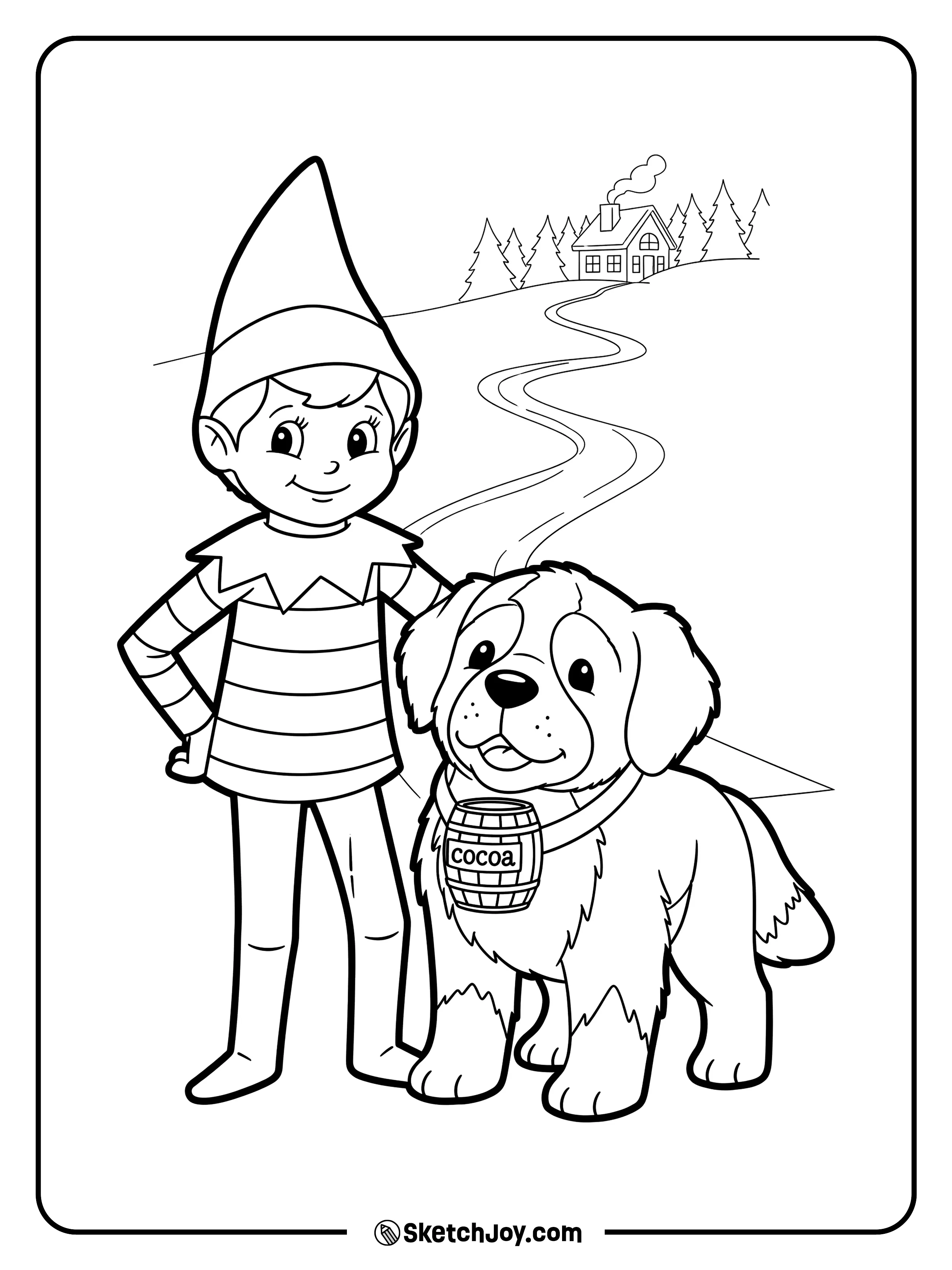 The elf rides with a Saint Bernard carrying cocoa.