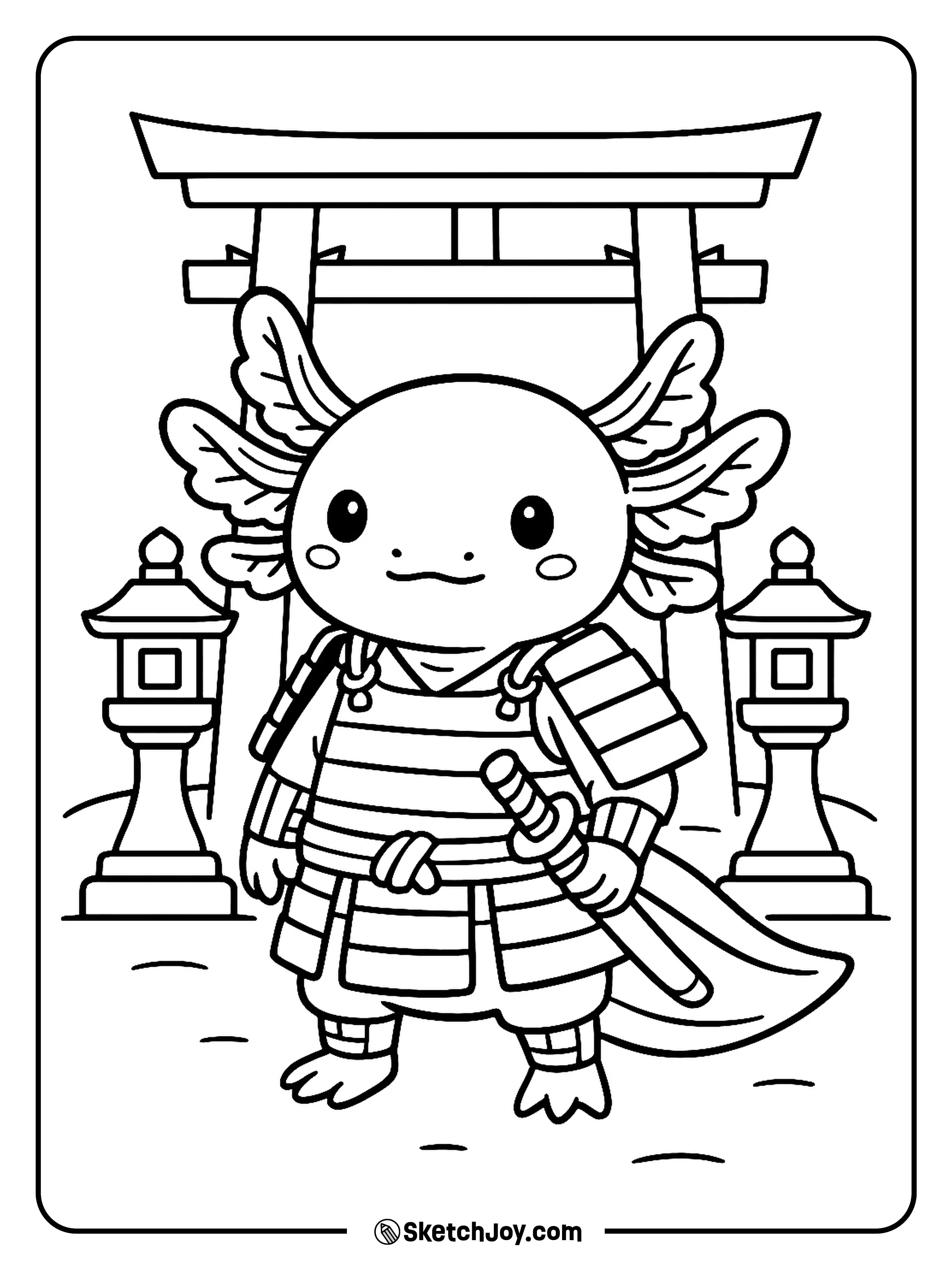 A proud axolotl in light armor stands by a torii gate.