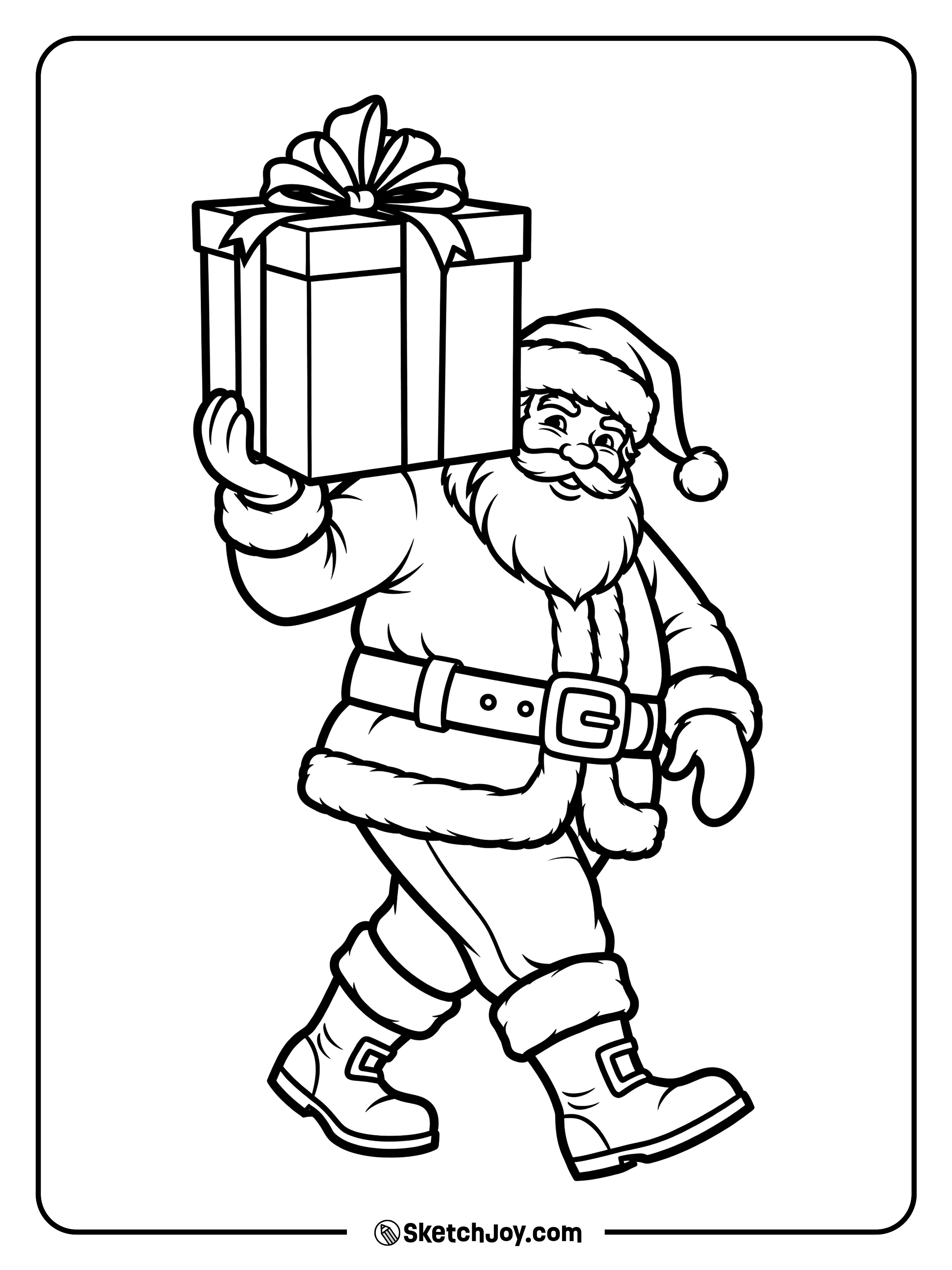 Santa carries a giant gift on one shoulder.