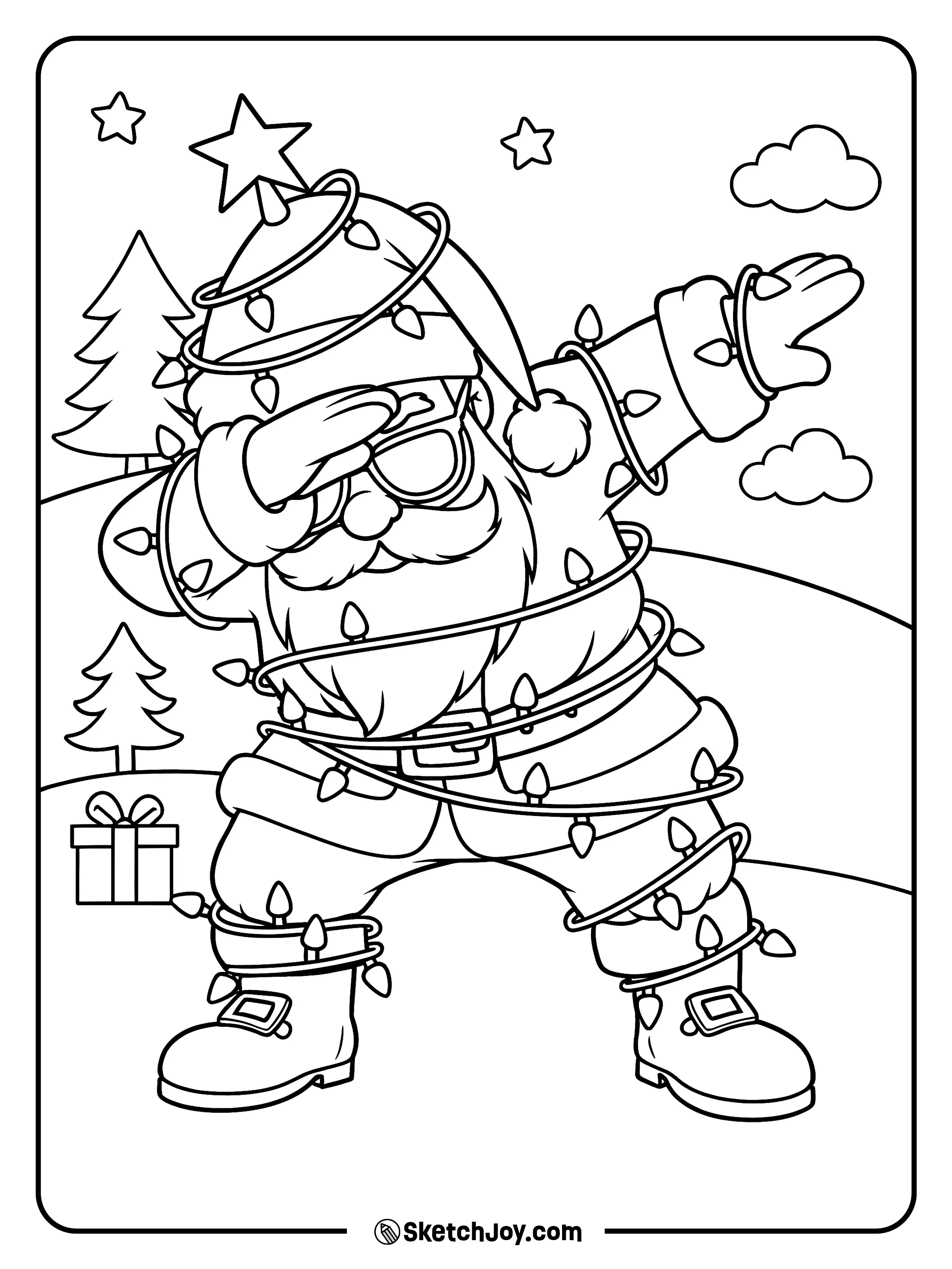 Santa does a dab while wrapped in bright string lights.