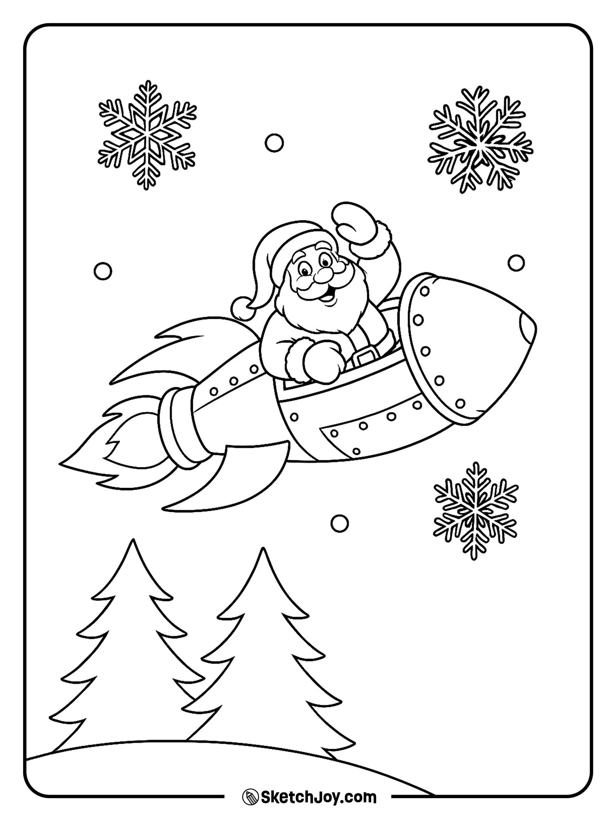 Santa zooms past snowy trees in a tiny rocket and waves.