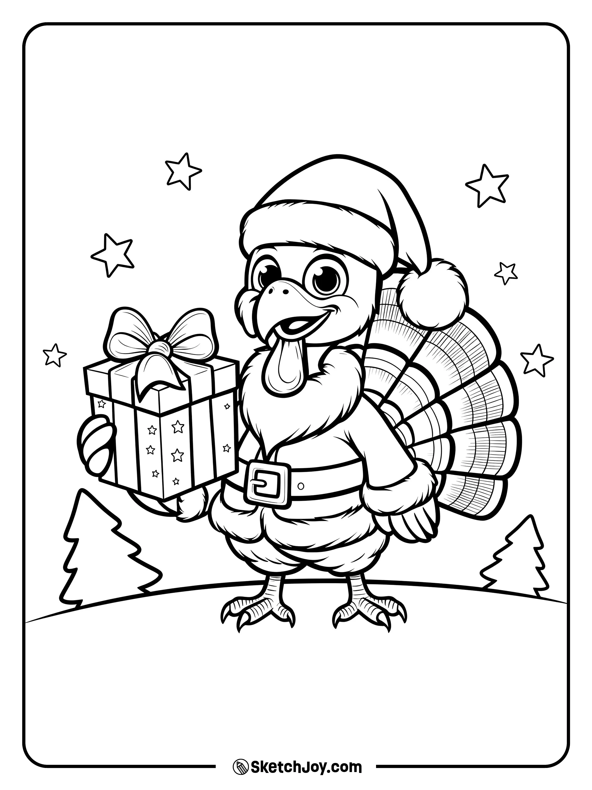 A happy turkey in a Santa hat holds a gift on a snowy hill.