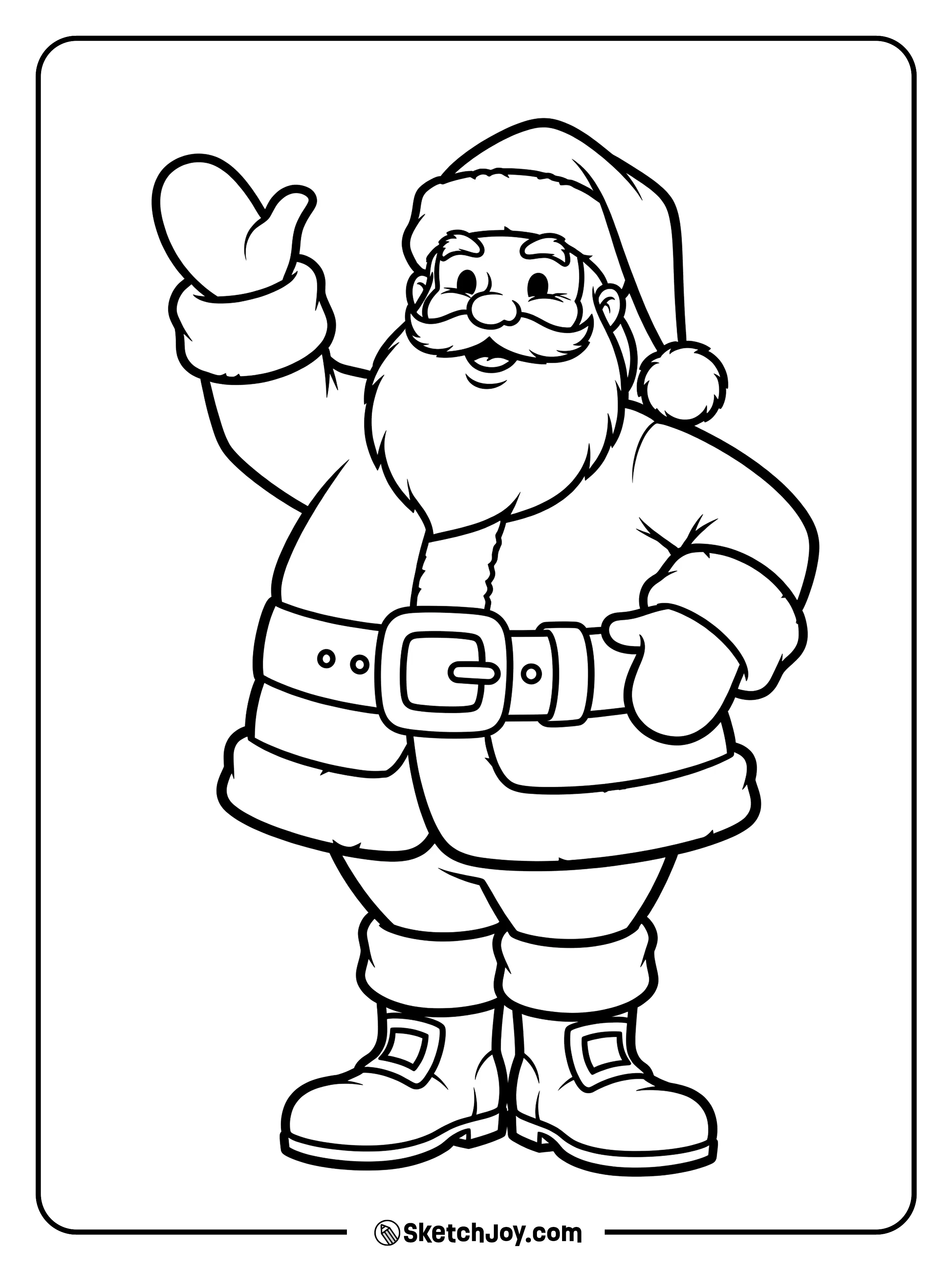 Santa waves with one hand on his belt.
