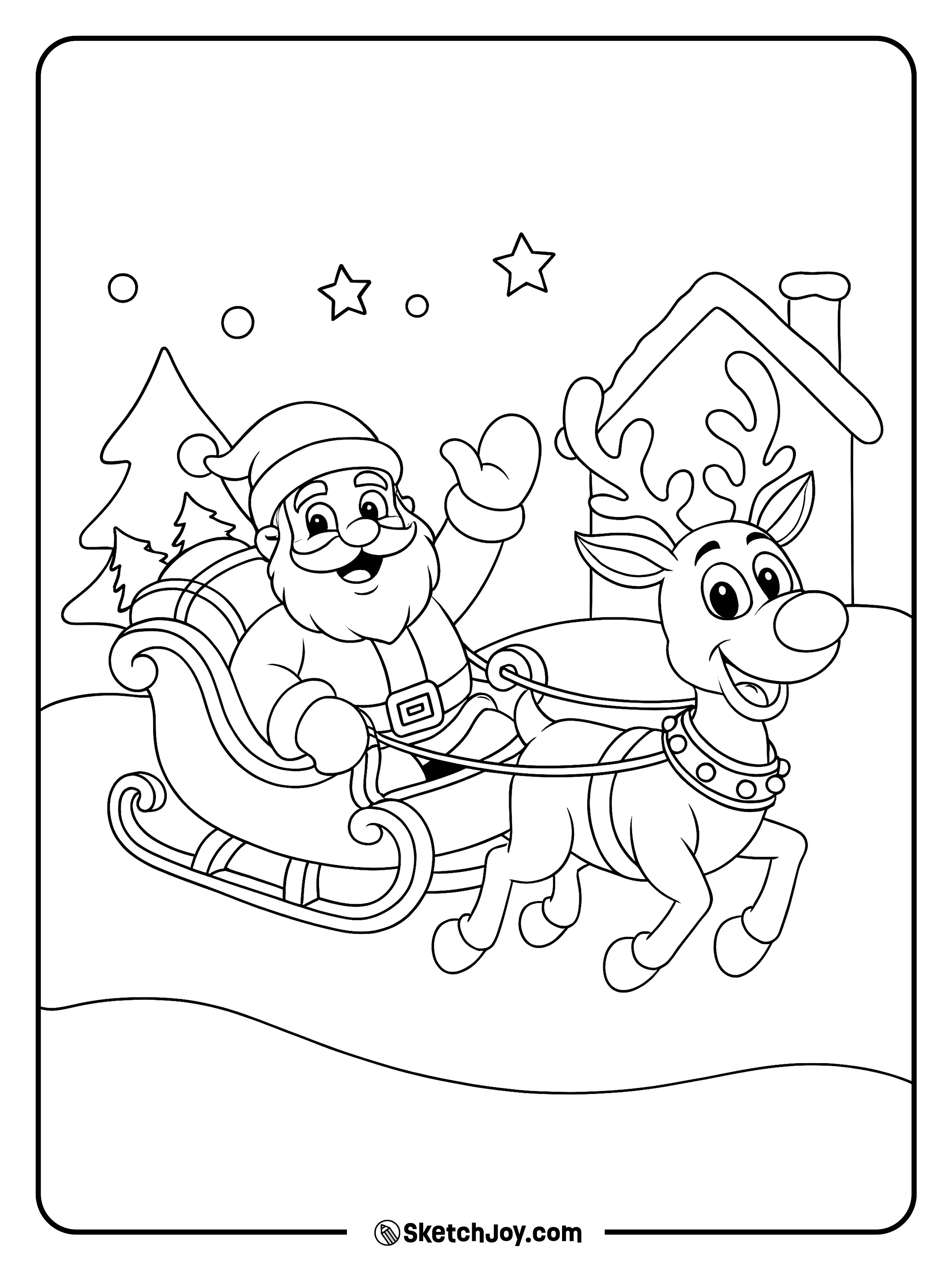 Santa waves while a happy reindeer leads past a cottage.