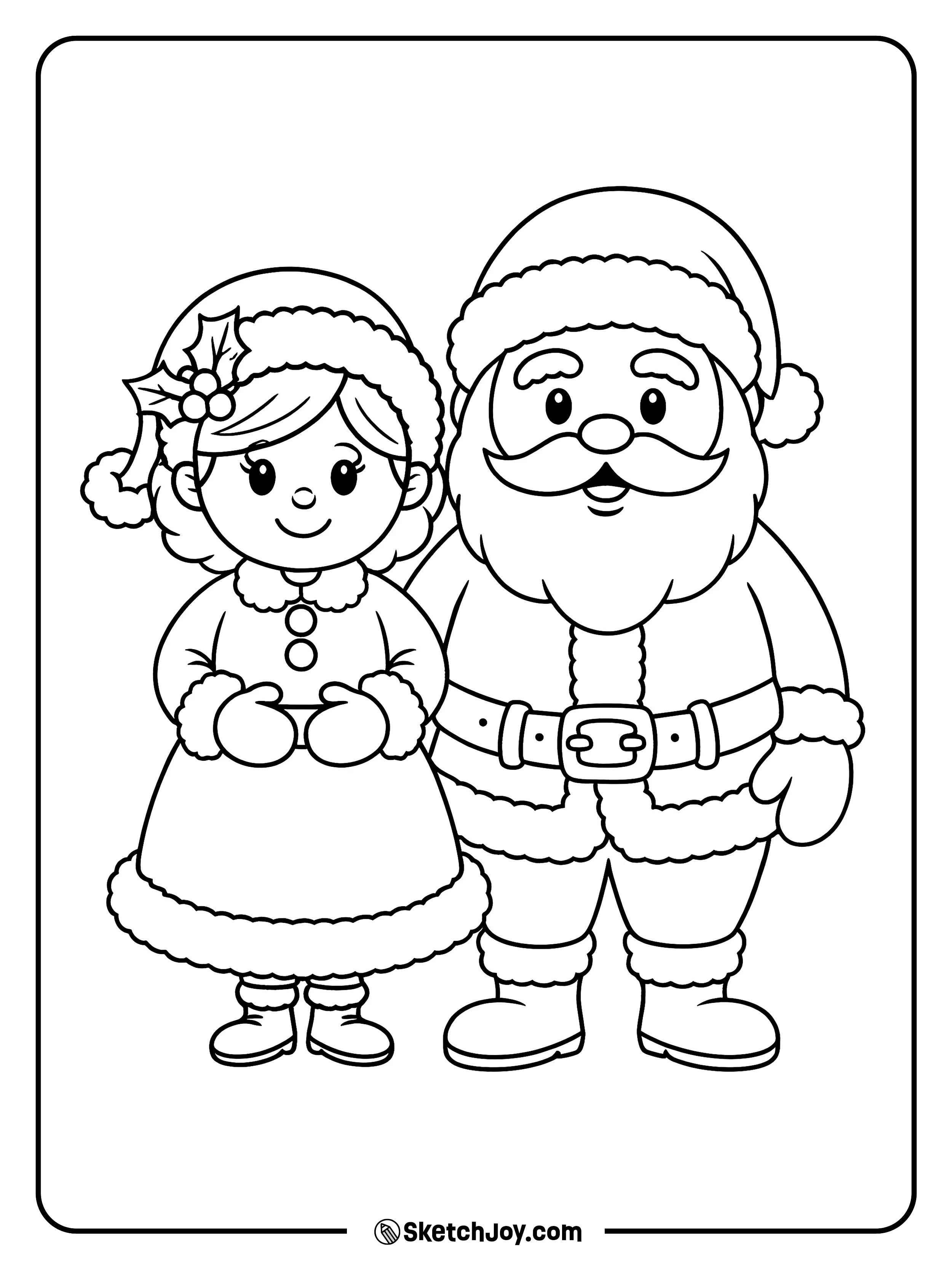 Santa and Mrs. Claus stand side by side and smile.