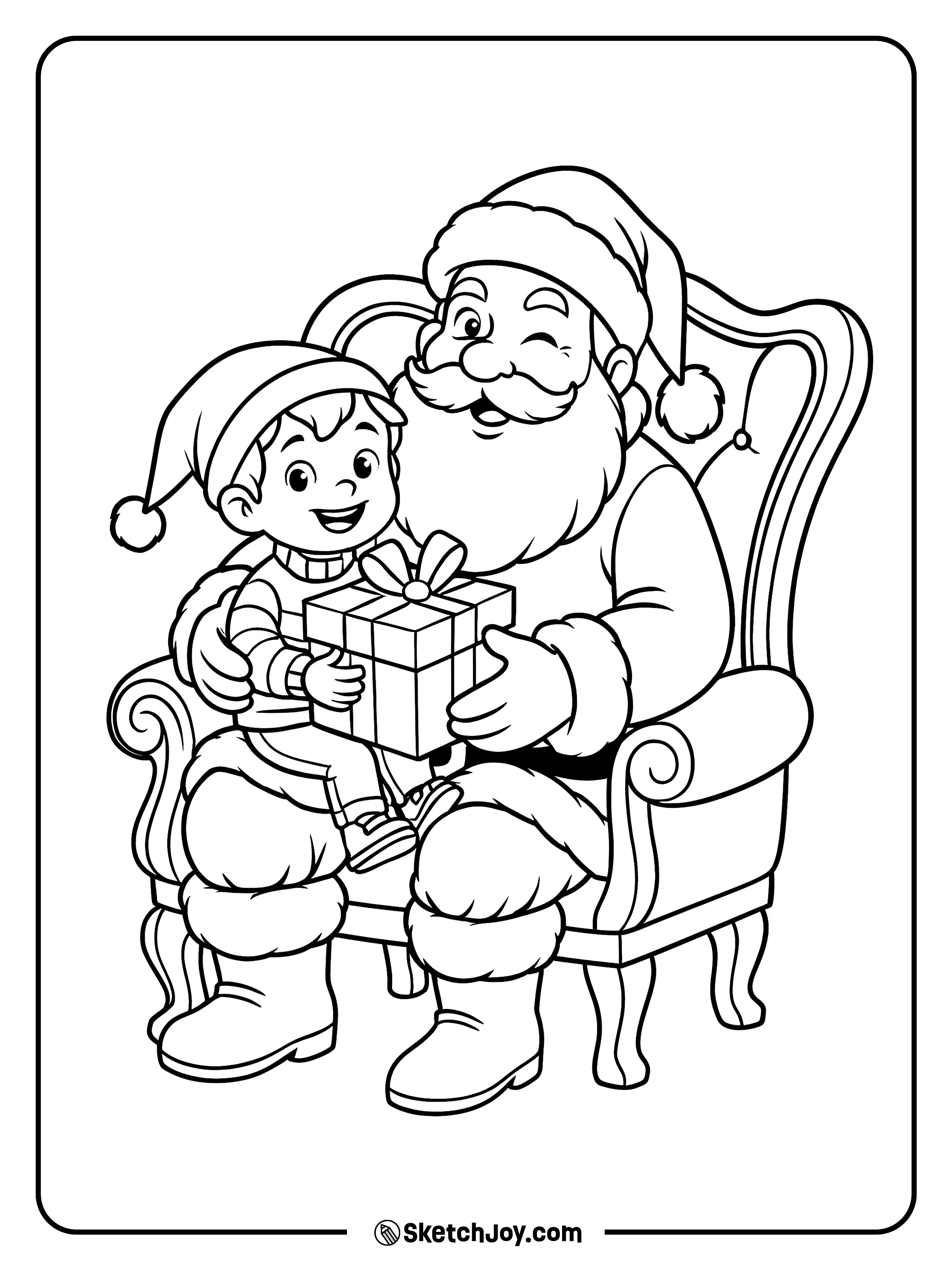 A child gets a present while sitting with Santa.