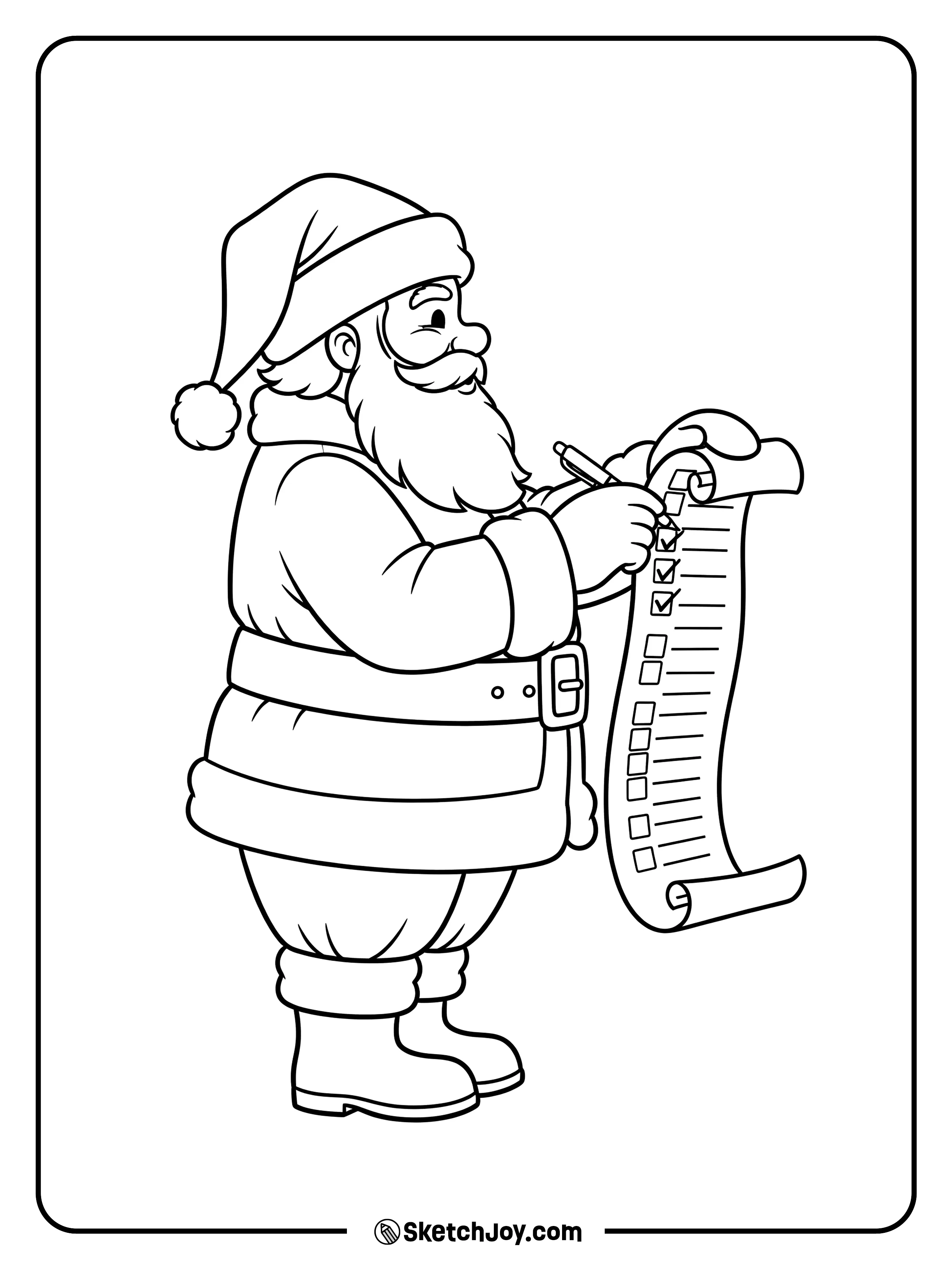 Santa reads a long list with a pen.