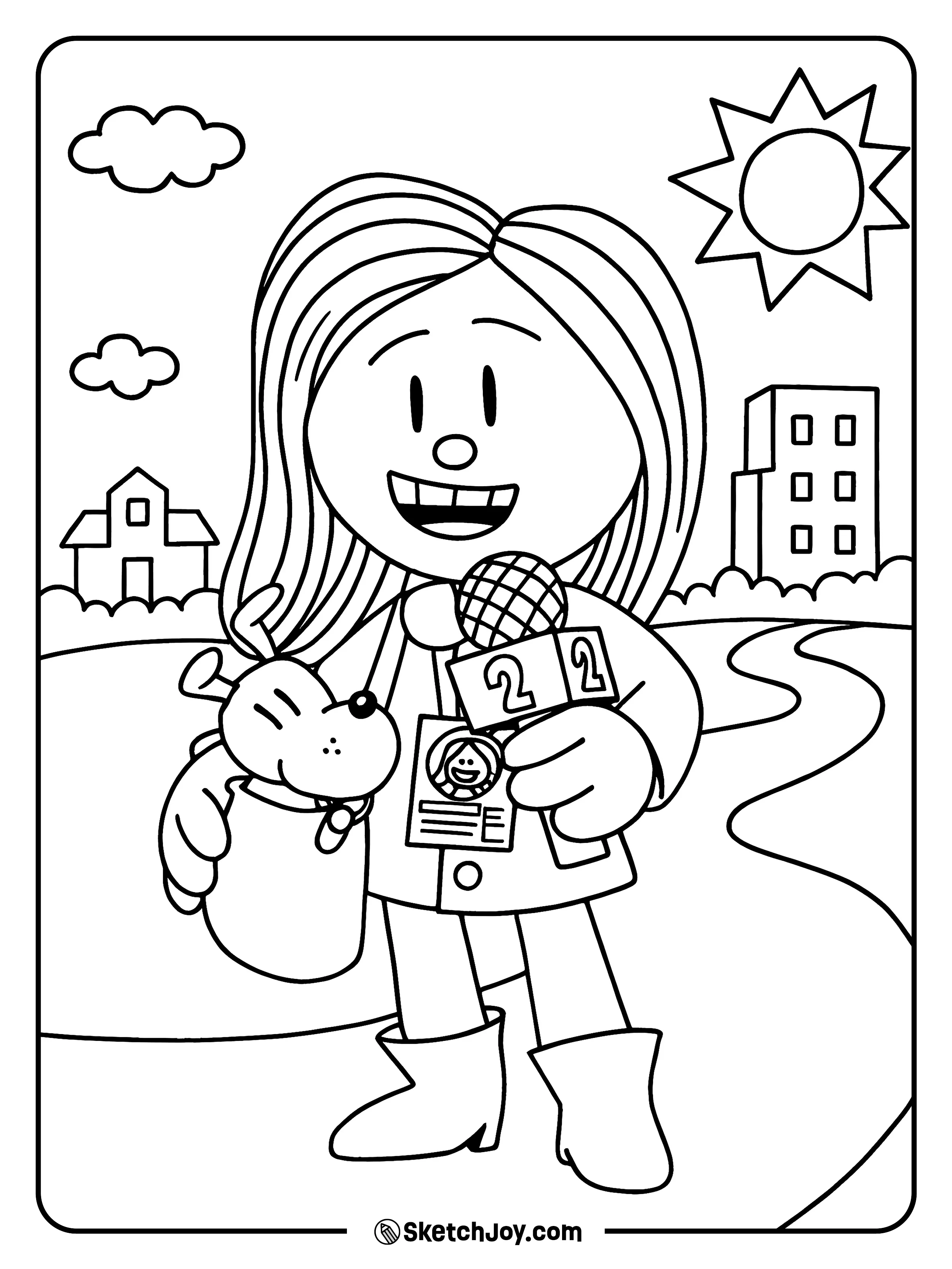 Sarah Hatoff holds her mic and badge while Zuzu peeks from her bag.