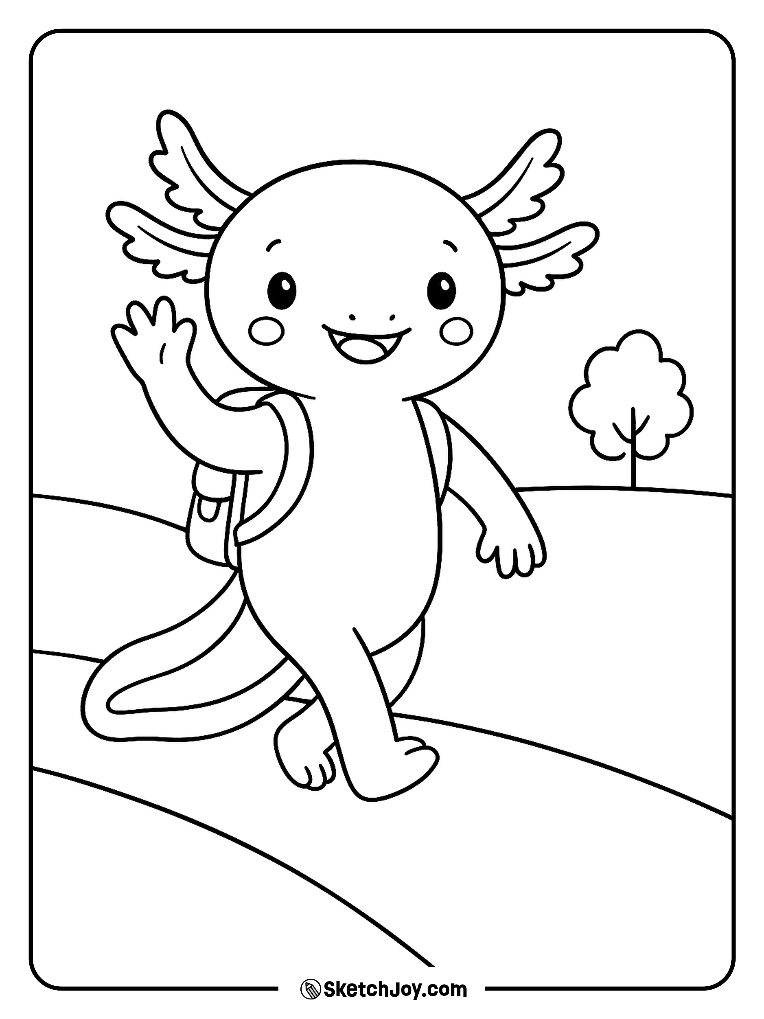 A cheerful axolotl wears a small backpack and waves.