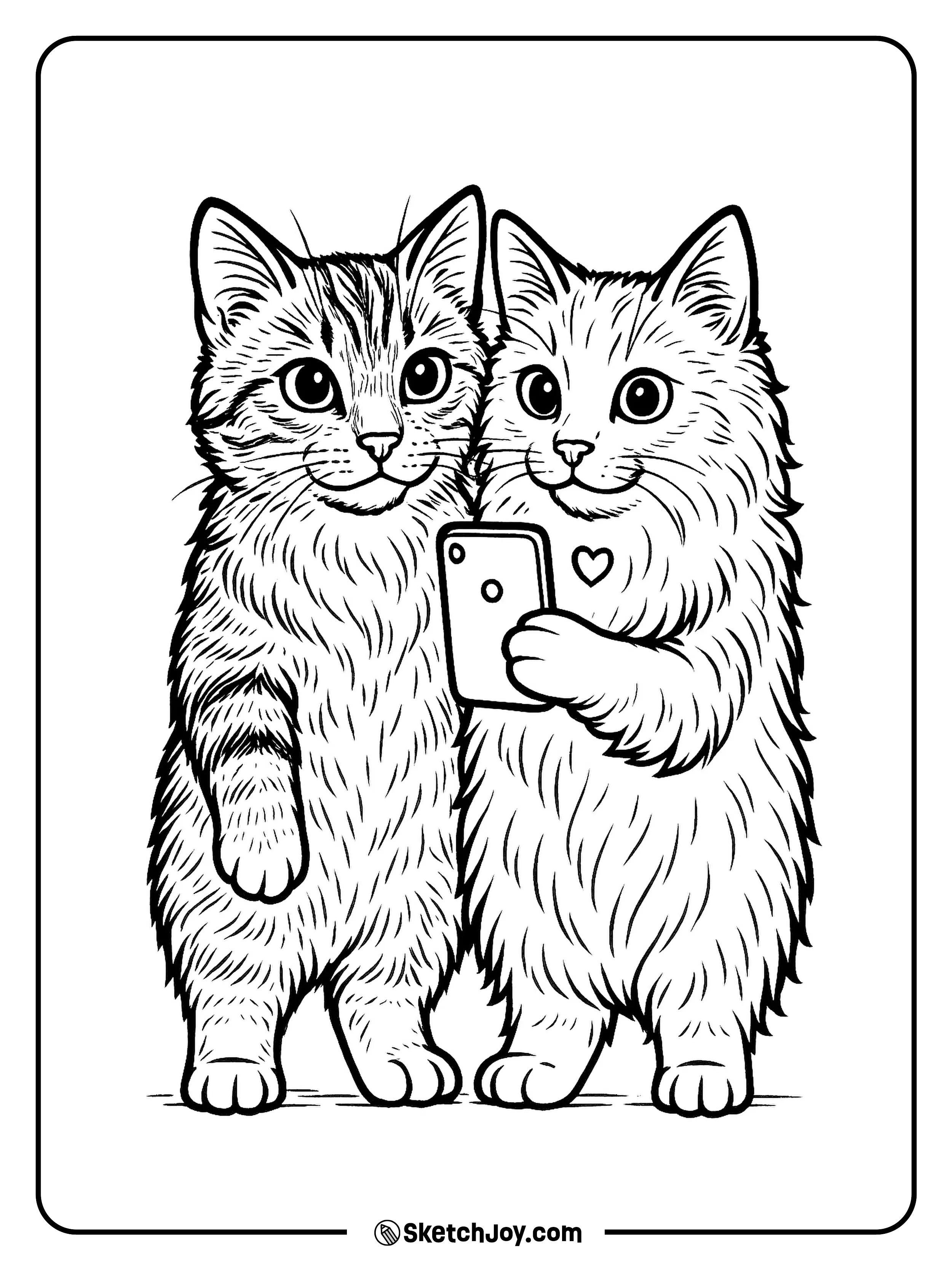Two teen-style cats pose close together while holding a phone for a selfie.