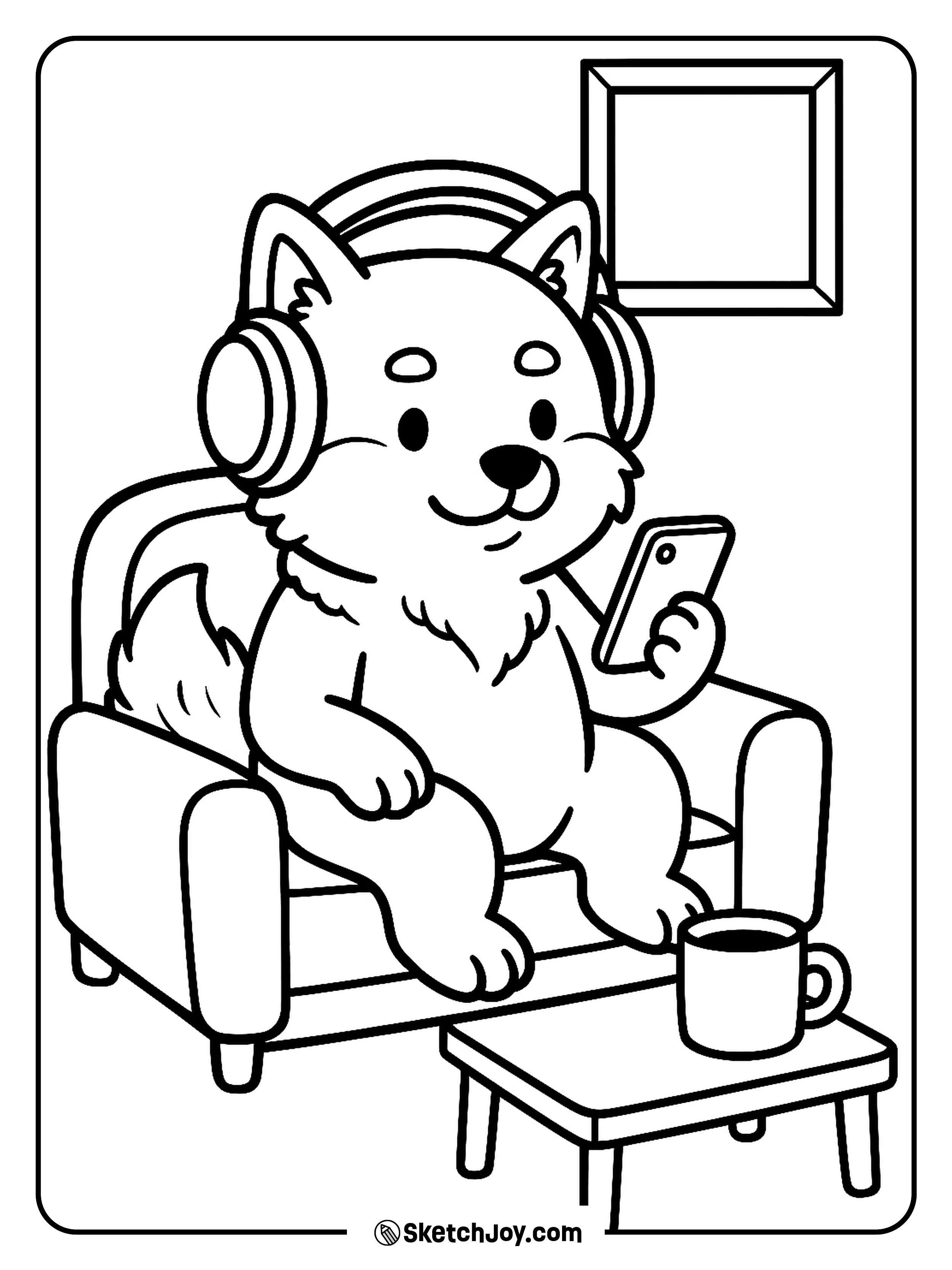 A stylish dog chills with headphones and a phone.