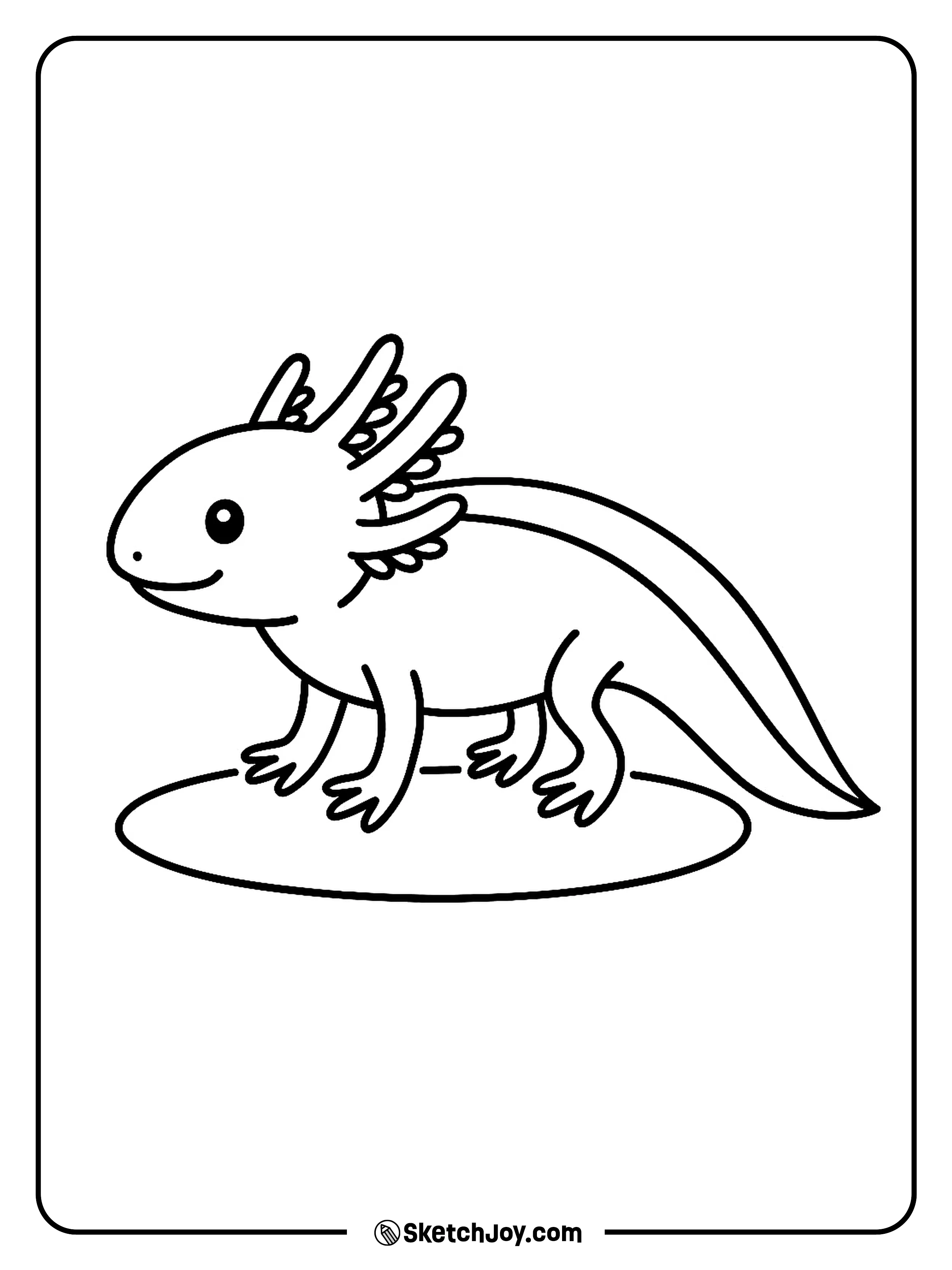 A clean side view axolotl stands with tail curved.