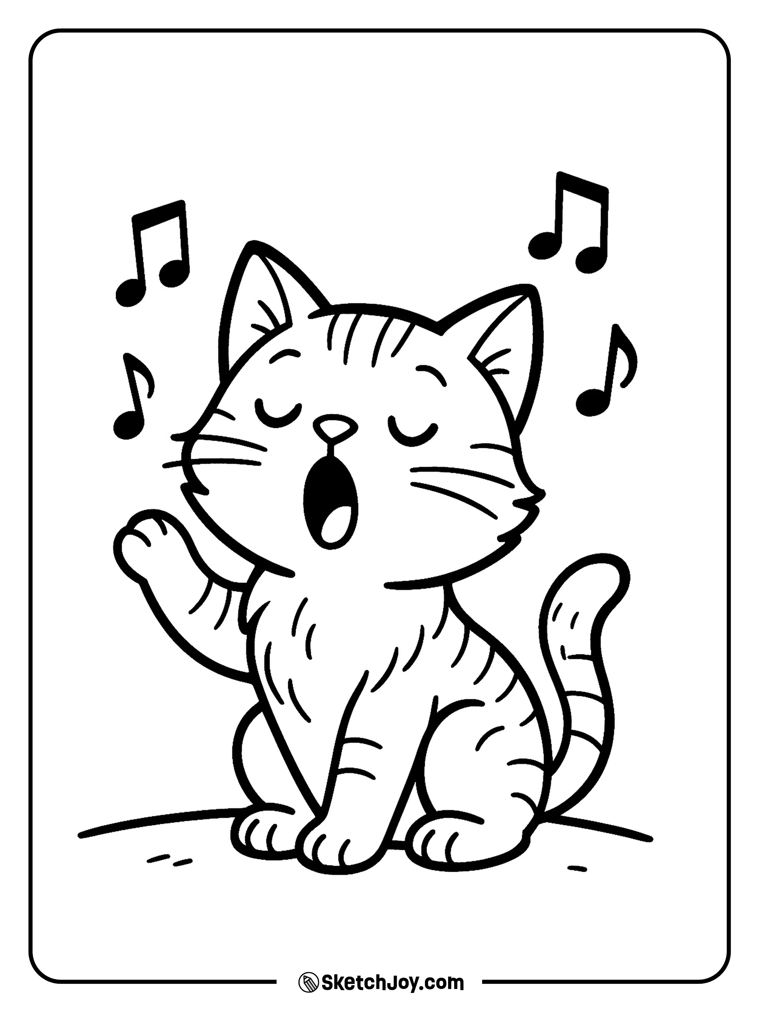A cheerful cat sings with a few music notes floating around.
