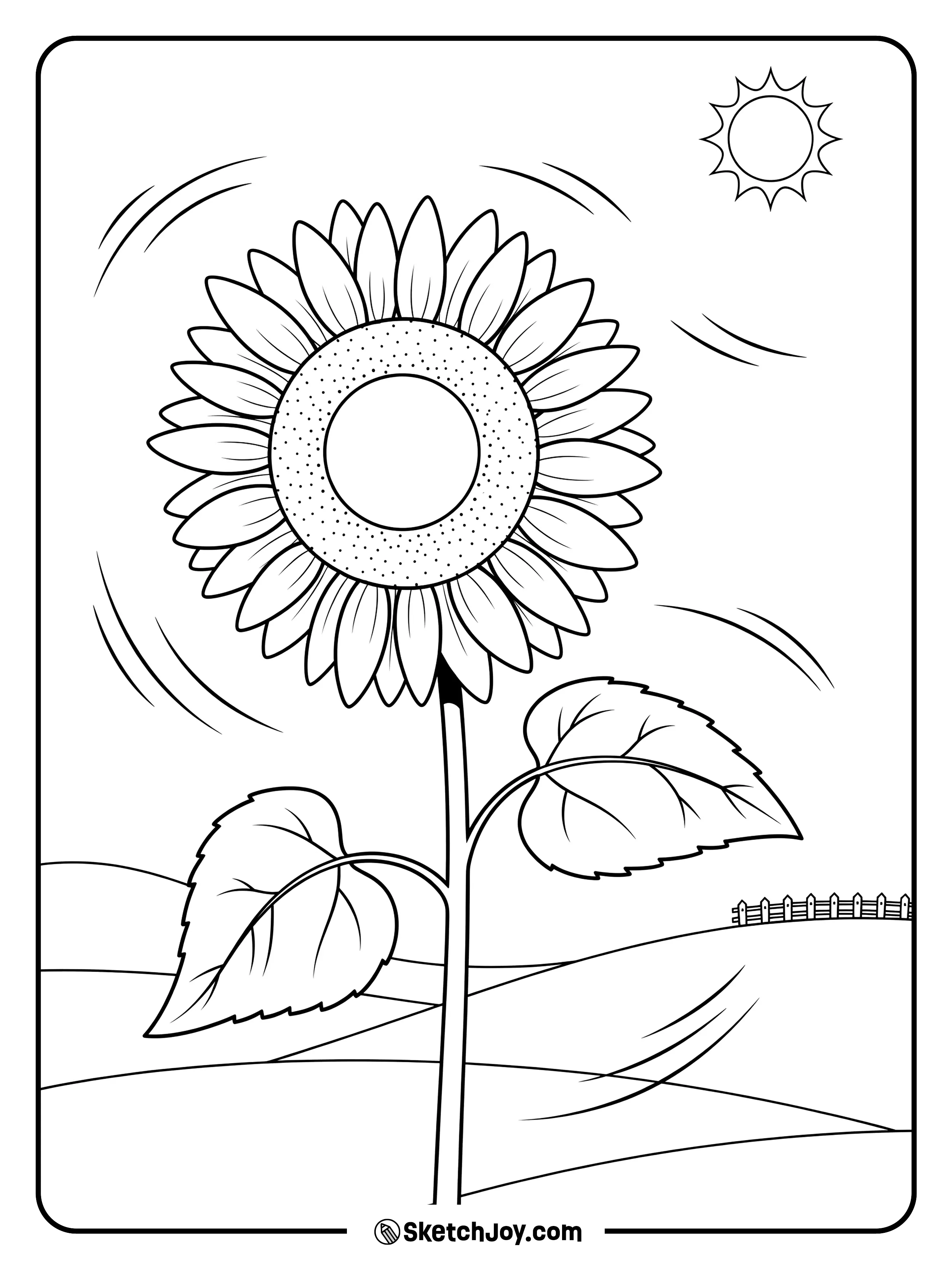 A tall sunflower stands proud with broad leaves and a big round face.