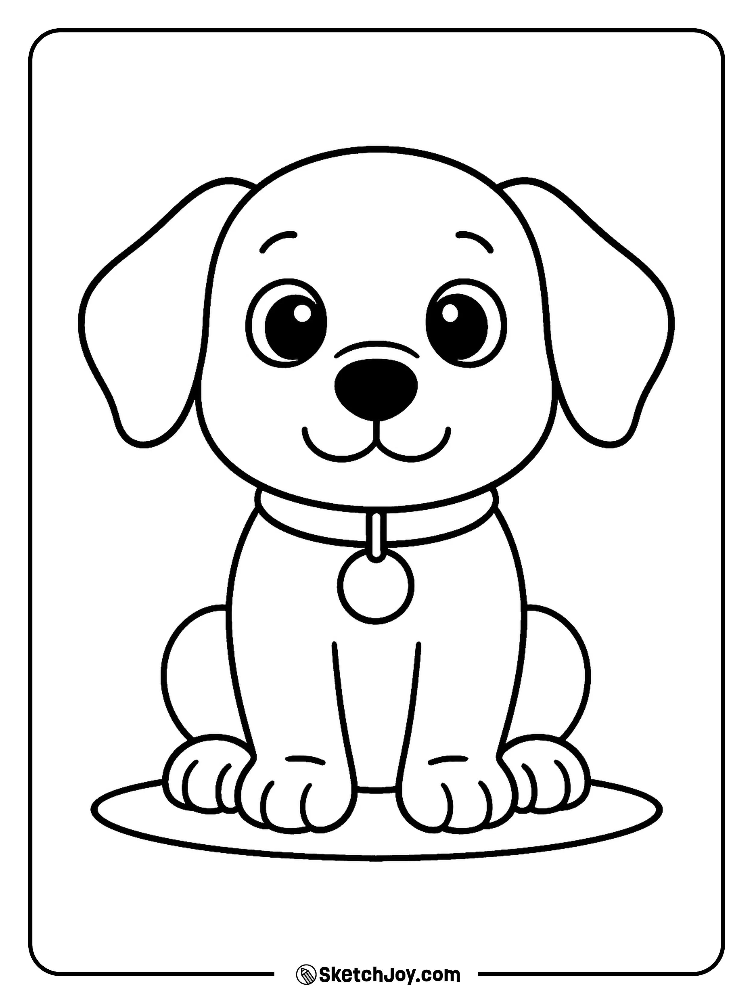 A simple cute puppy sits and smiles with big round eyes.