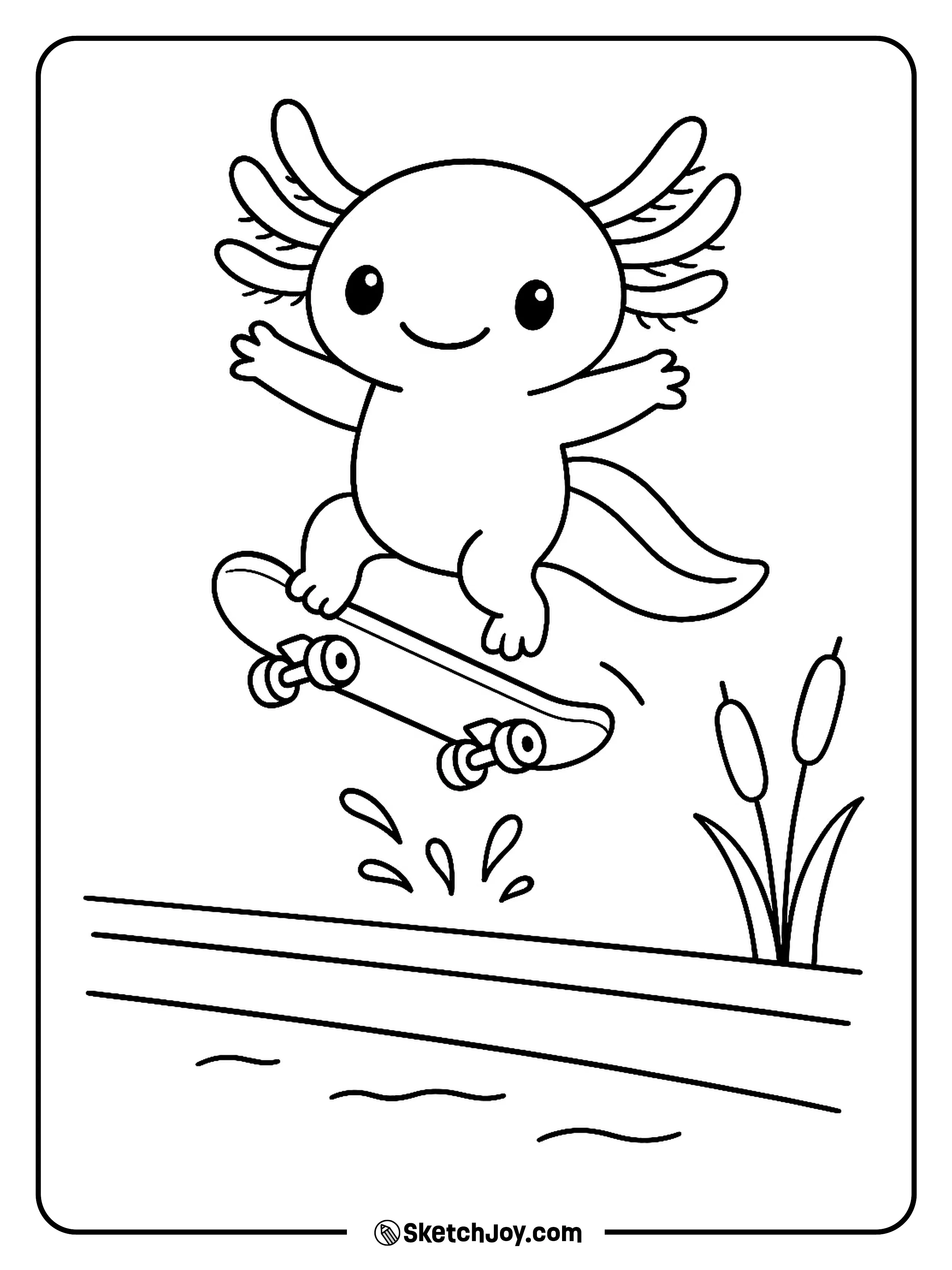 A sporty axolotl does a hop on a short board near water.