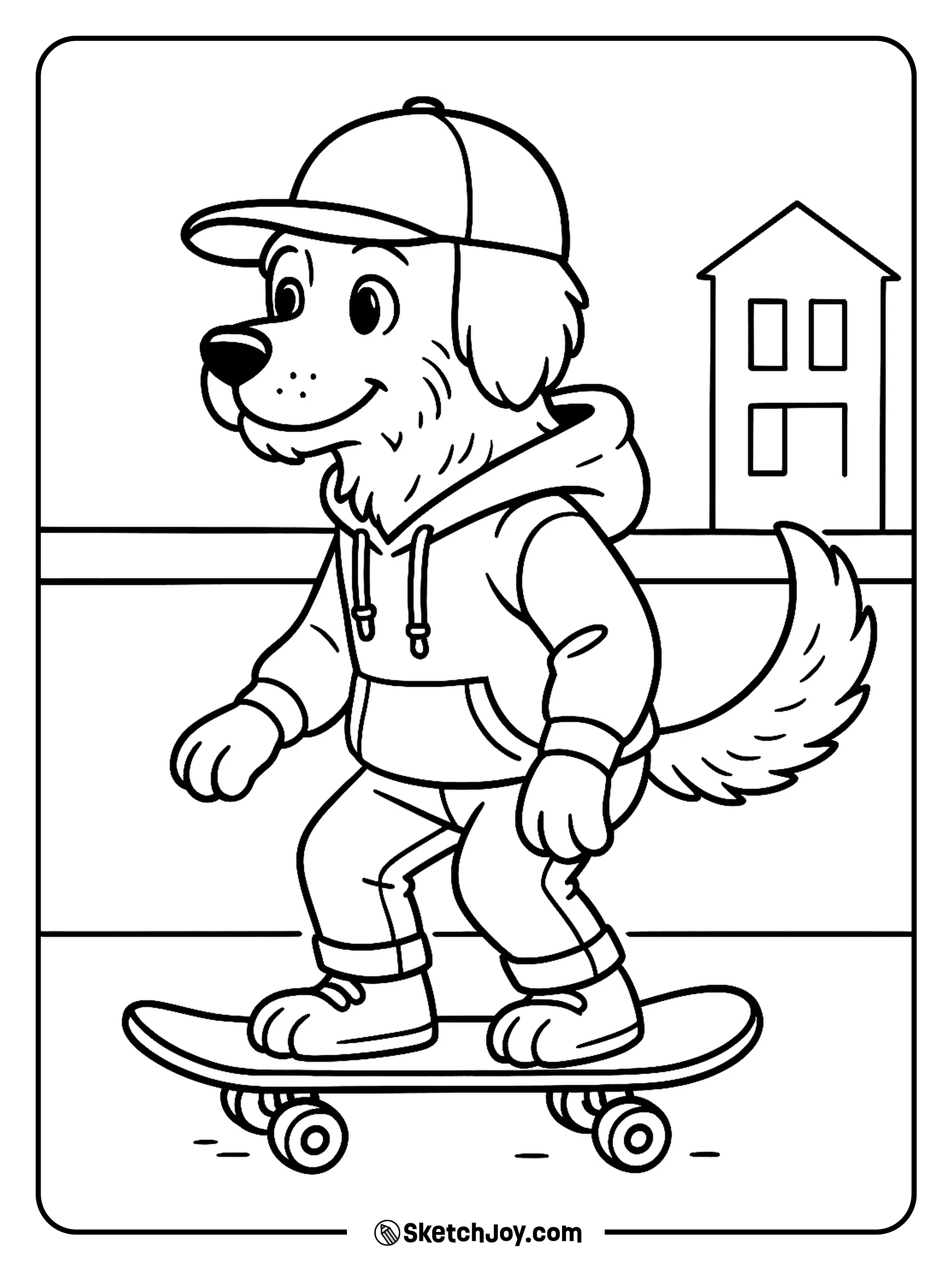 A cool dog rides a skateboard on a simple city street.