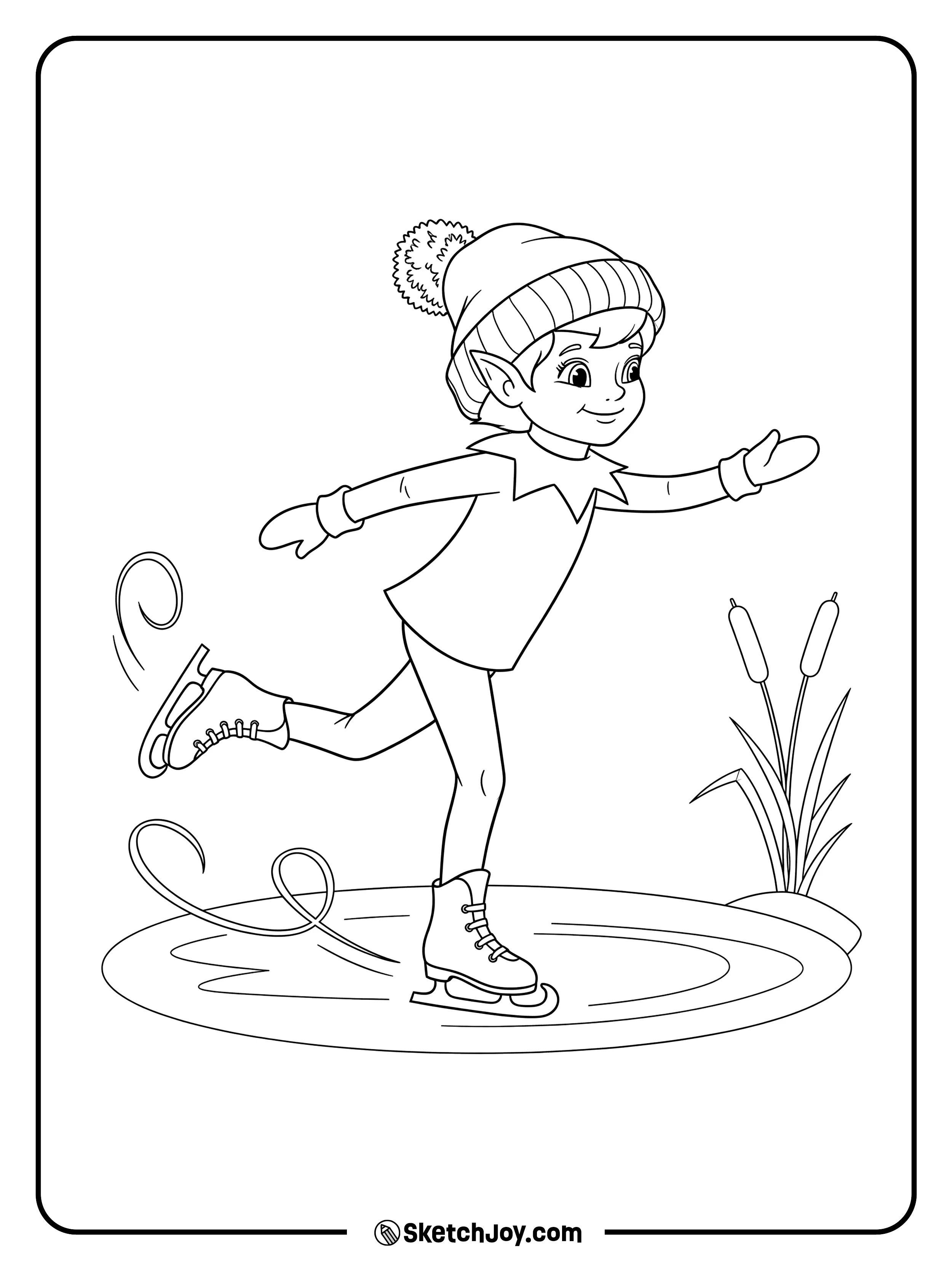 The elf glides on ice with tidy loops.