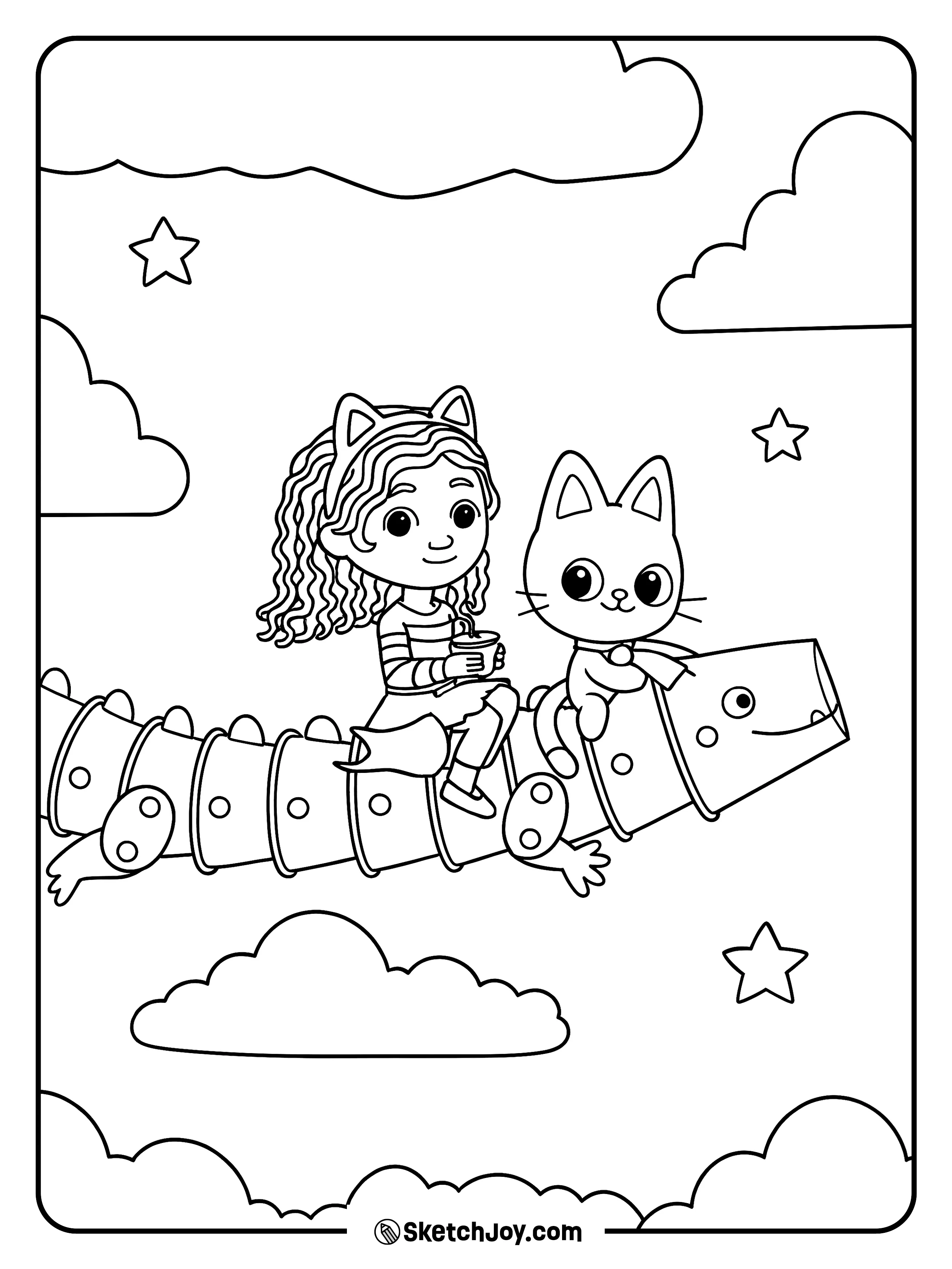 Gabby and Pandy enjoy a calm ride on a cute rocket creature among clouds.