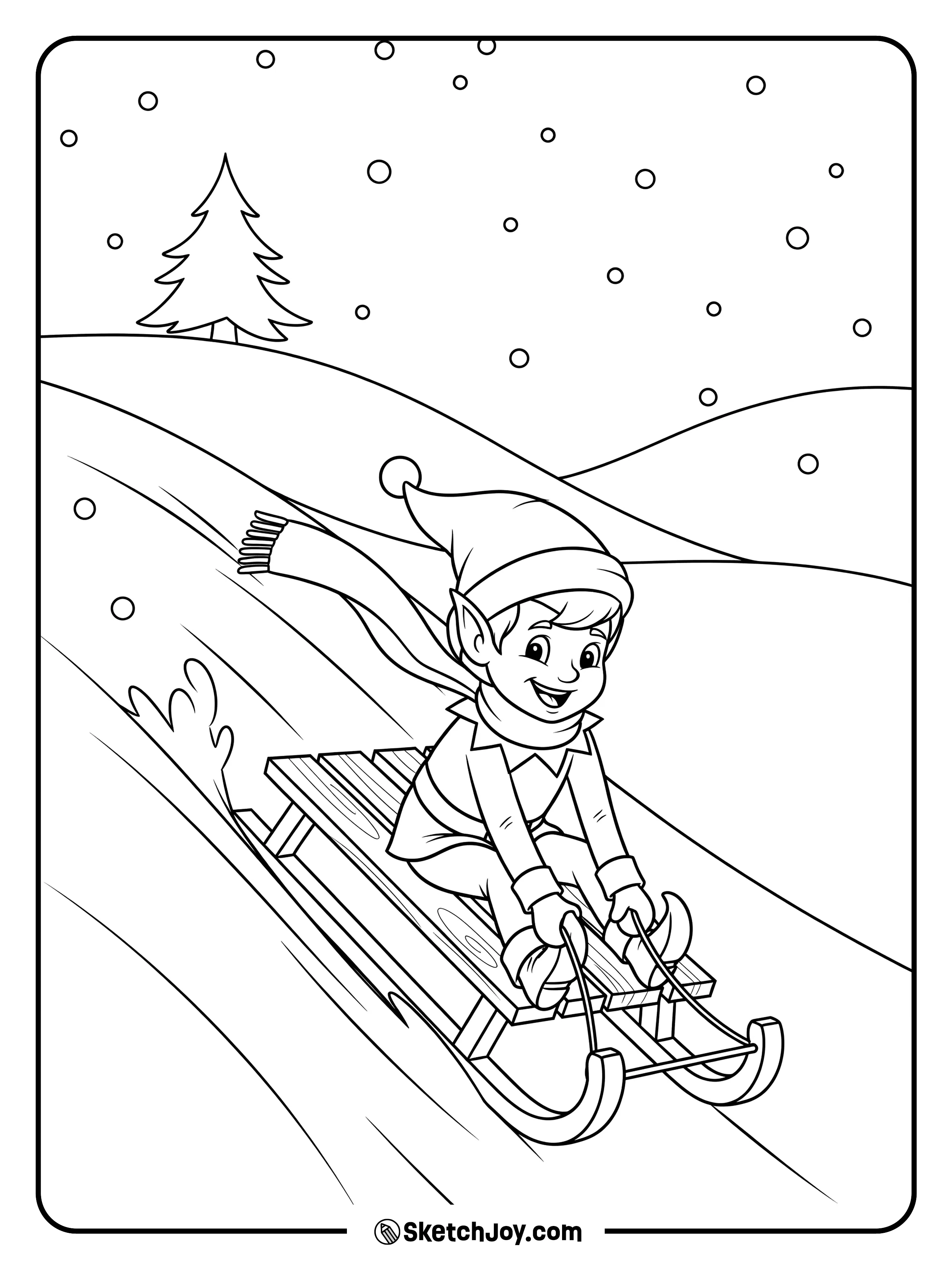 The elf speeds down a small hill on a sled.