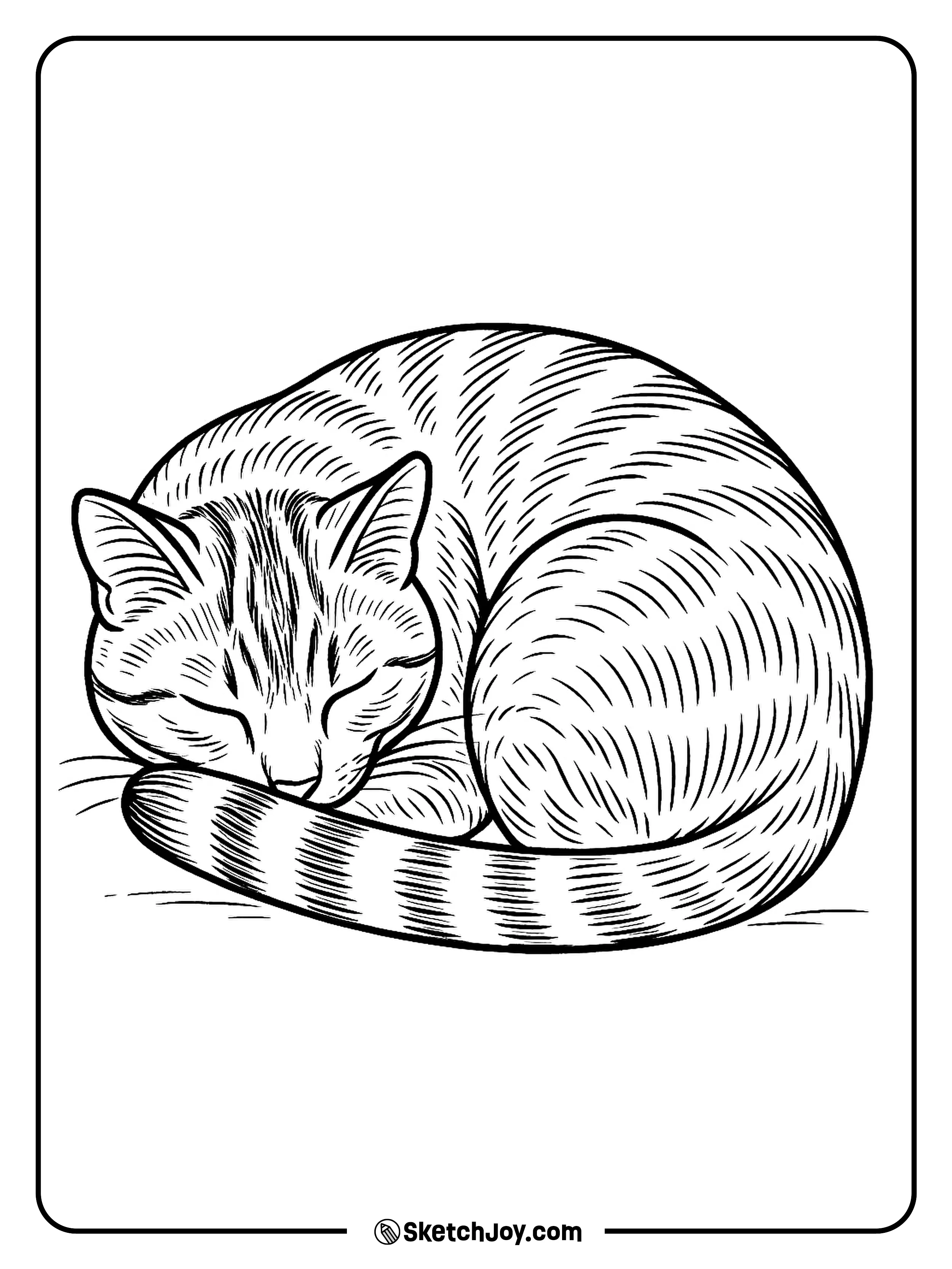 A striped adult cat curls into a tight ball with its tail around its nose.