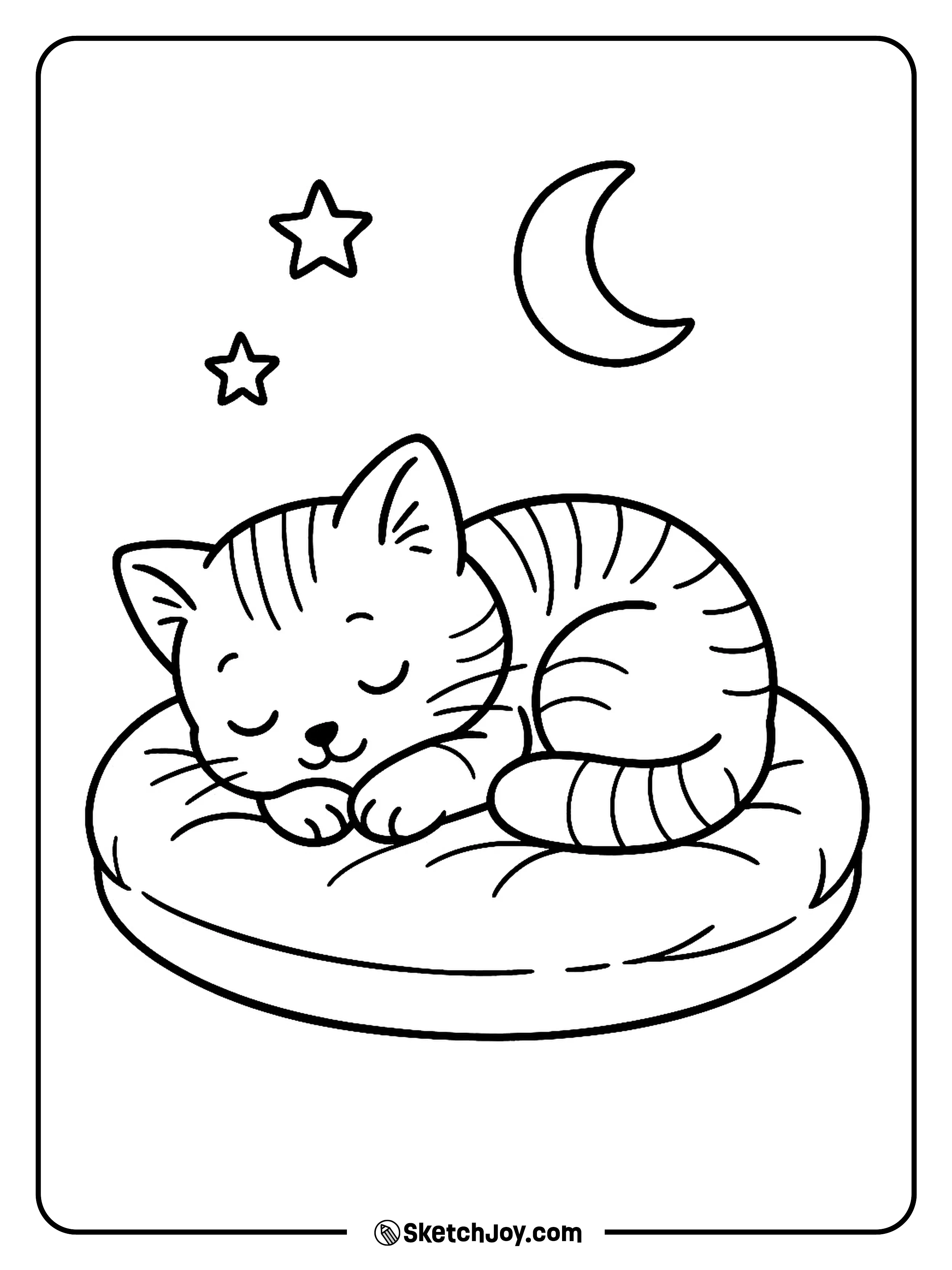 A sleepy kitten curls up on a pillow under a small moon.