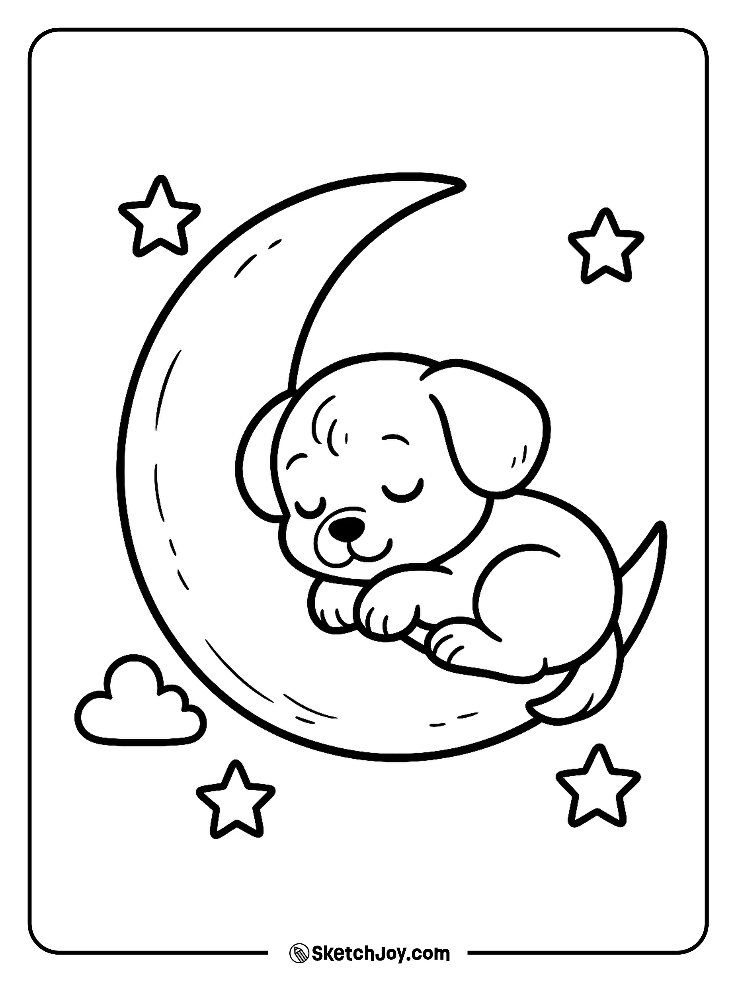 A sleepy puppy rests on a crescent moon with stars.