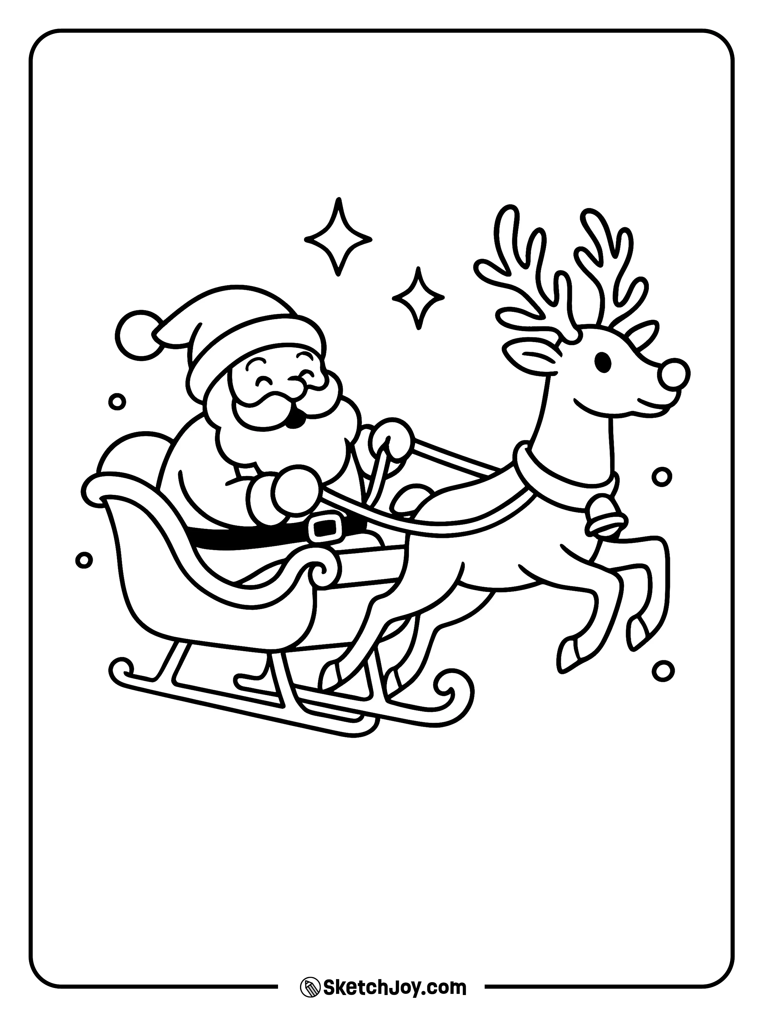 Santa smiles as a reindeer pulls the sleigh.