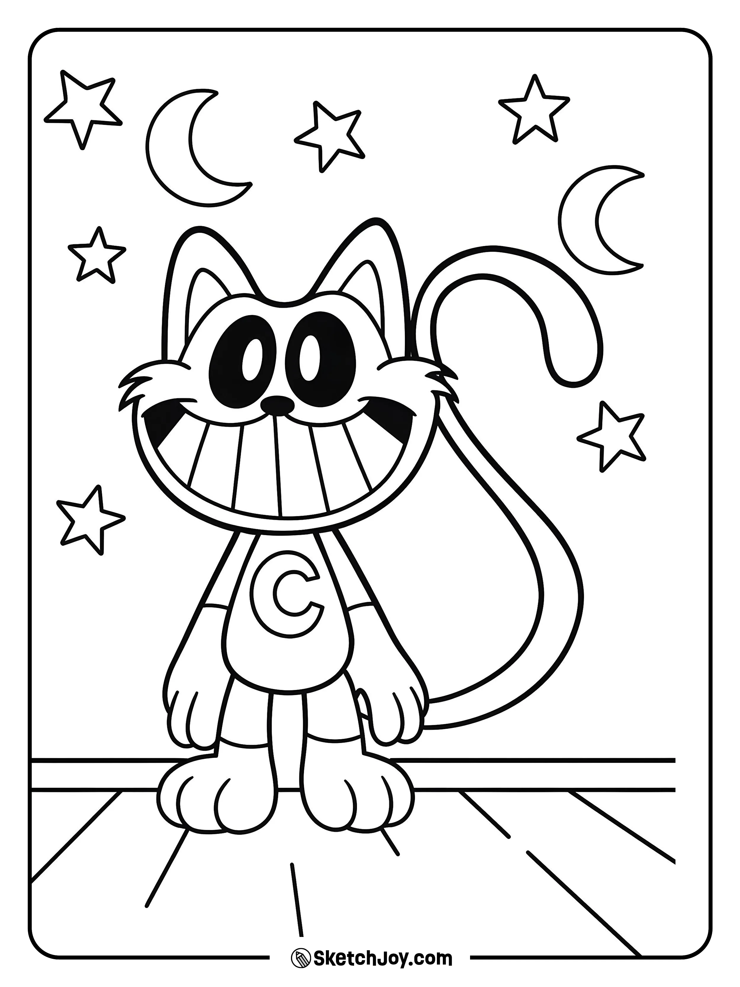 Toy CatNap stands on the floor with a huge toothy smile while moons and stars float behind him.