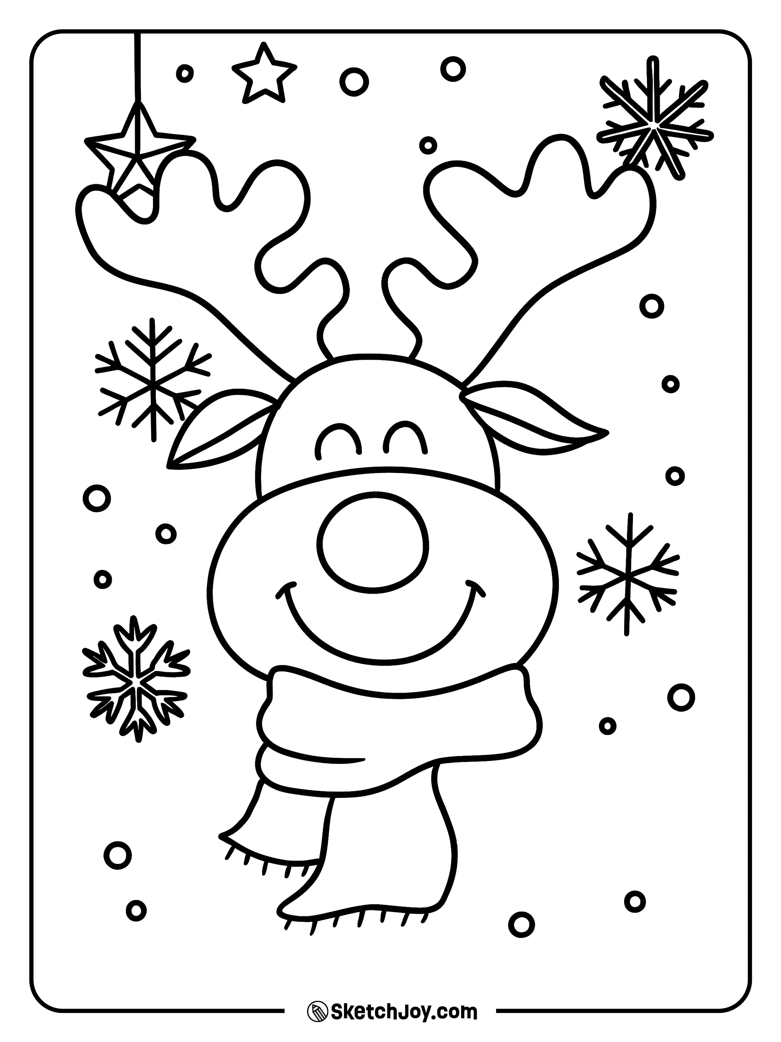 A cozy reindeer smiles under hanging stars and snow.