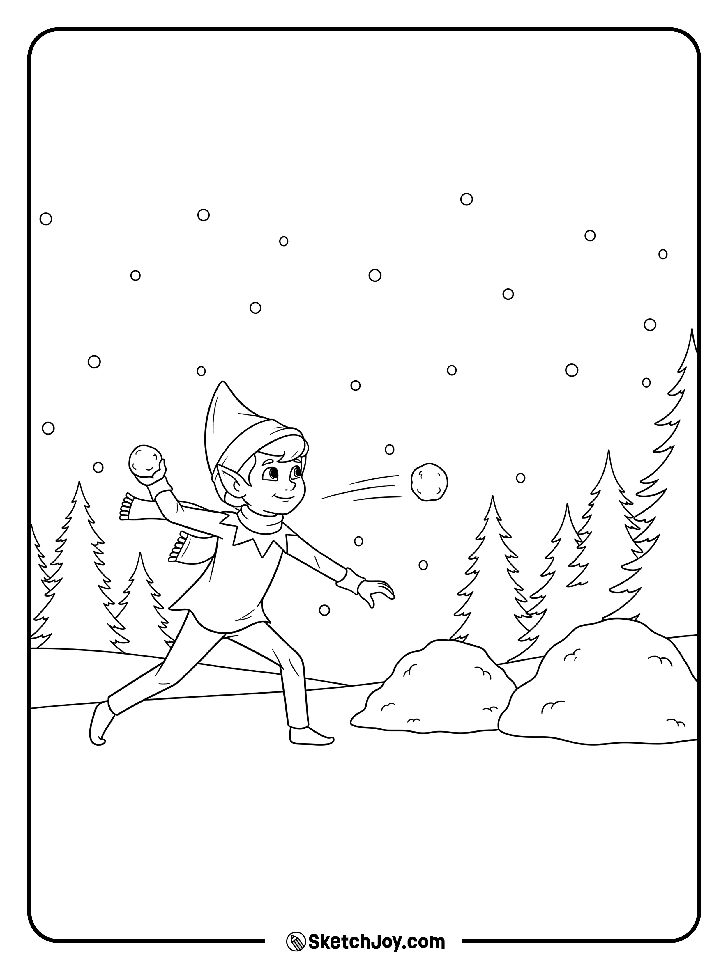 The elf throws a soft snowball outside.
