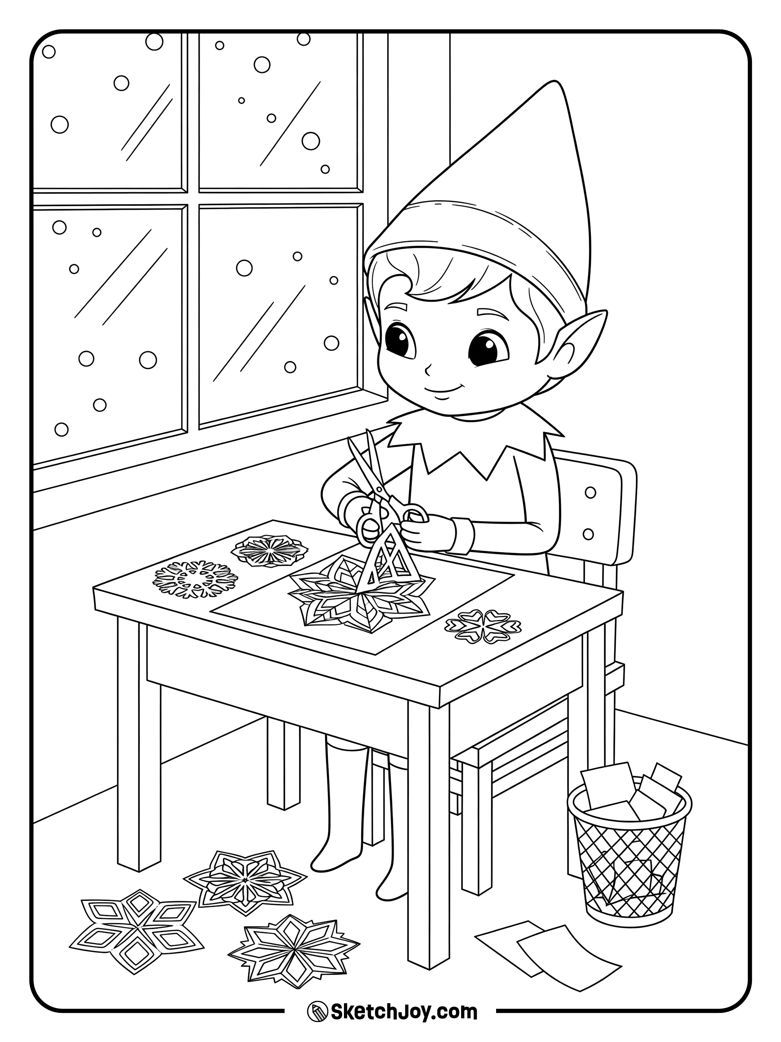 The elf snips paper snowflakes on a small desk.