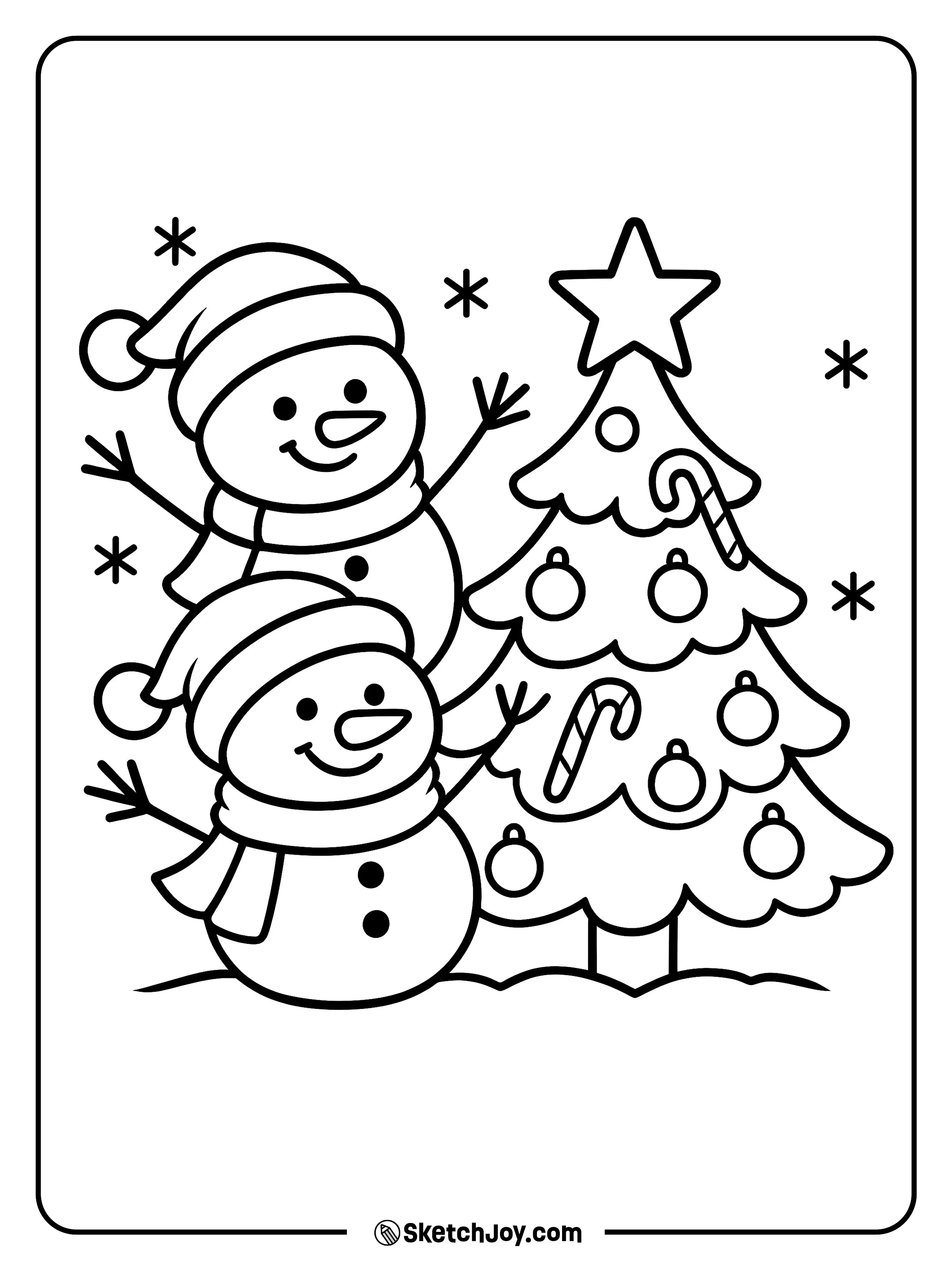 Two friendly snowmen wave beside a star-topped tree.