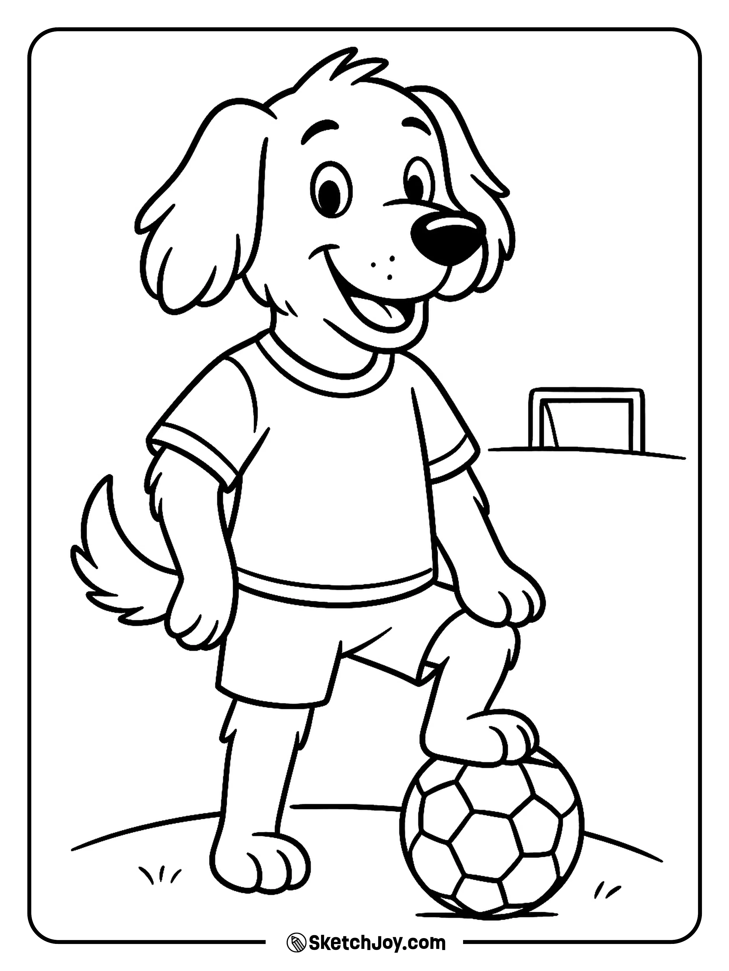 A sporty dog stands with a soccer ball on a small field.